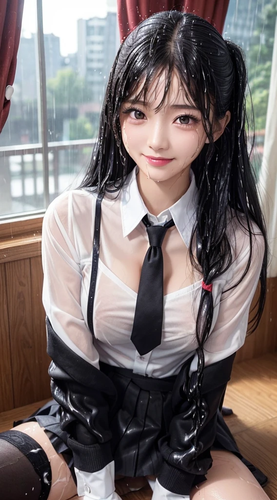 top-quality、masutepiece、超A high resolution)、、(Looking at the camera、Kamimei、a smile:1.2)、(((Semen、a wet body:1.35)))、hotel、hi-school girl、A dark-haired、Semi-long、straight haired、kawaii faces、Beautiful eyes、(high-school uniform、blazers、shirt、neck tie、skirt by the、Black Knee High Socks)