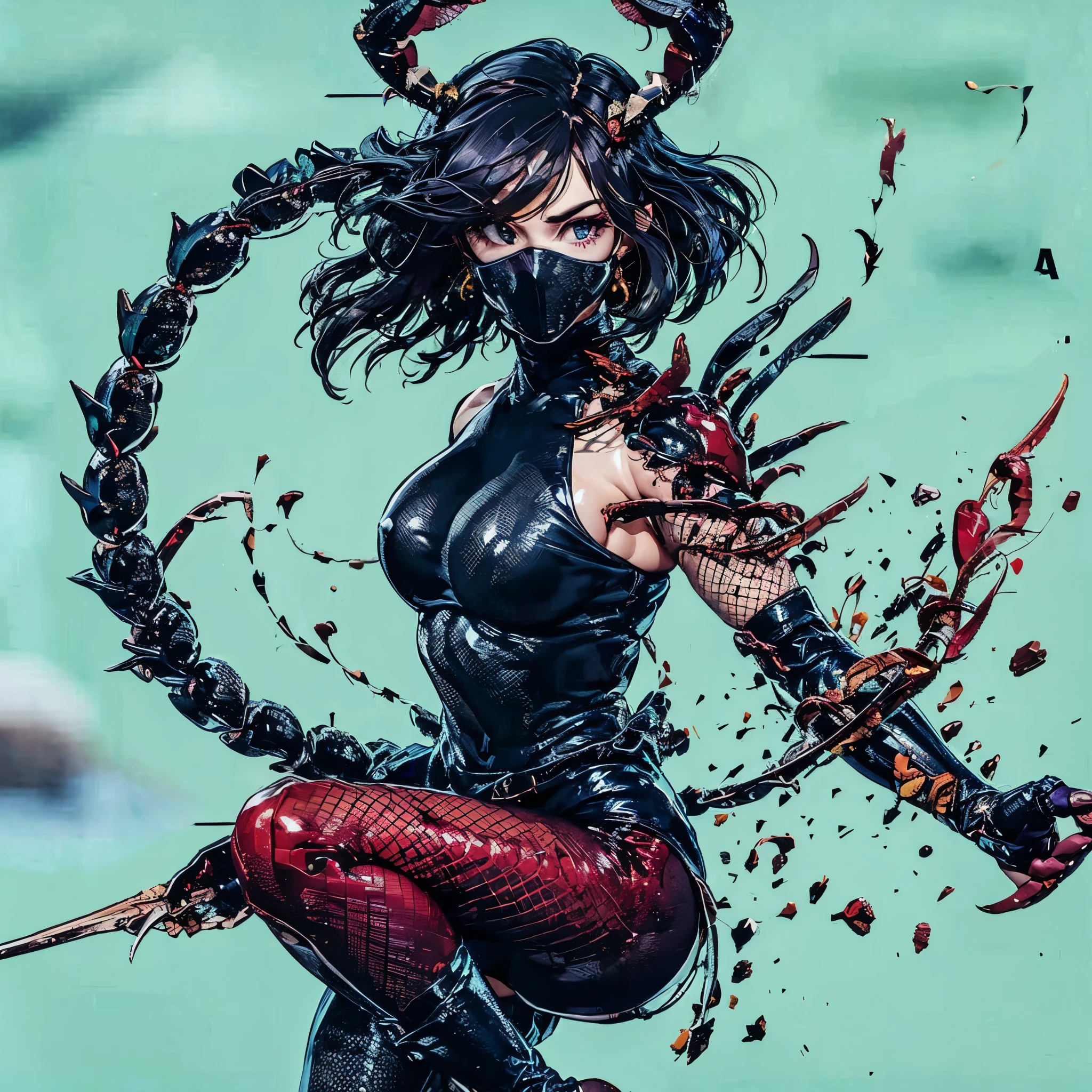 Ninja Girl. she is a monster element. Fusion with scorpion. fishnet tights. sharp accessories worn on the head. venenom aura.