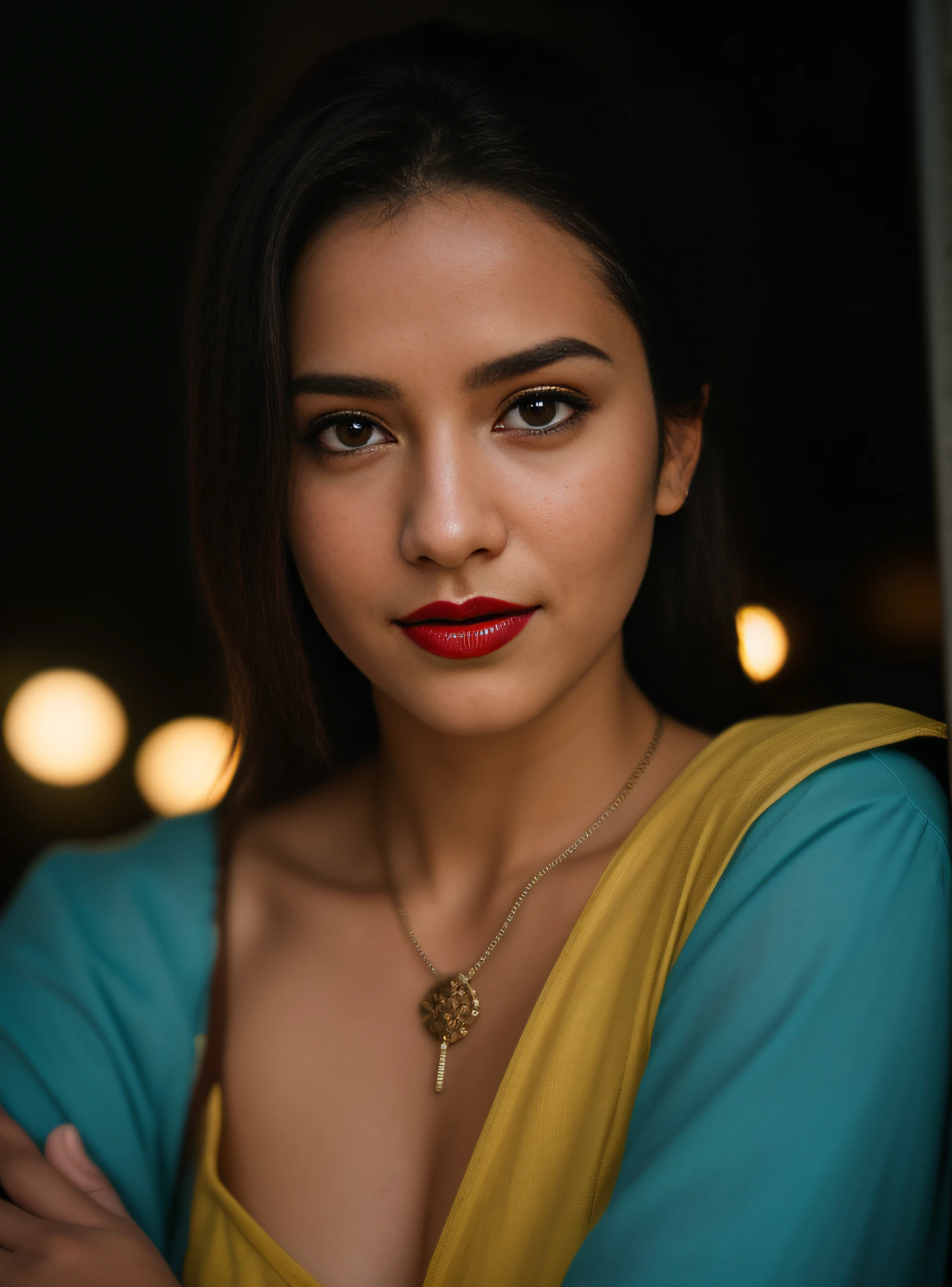 Day scene, close up photo of an indan  from top view, posing under rain, wearing yellow black tshirt and jeans,hollywood red lips, perfect figure wet navel, , ponytail, necklace, look at viewer and smile, (cinematic:1.3), intricate details, (ArtStation:1.2), moody, private study:1.3) POV, by lee jeffries, nikon d850, film stock photograph ,4 kodak portra 400 ,camera f1.6 lens ,rich colors ,hyper realistic ,lifelike texture, dramatic lighting , cinestill 800, realistic,candid picture,candid picture,candid picture by Max Dauthendey