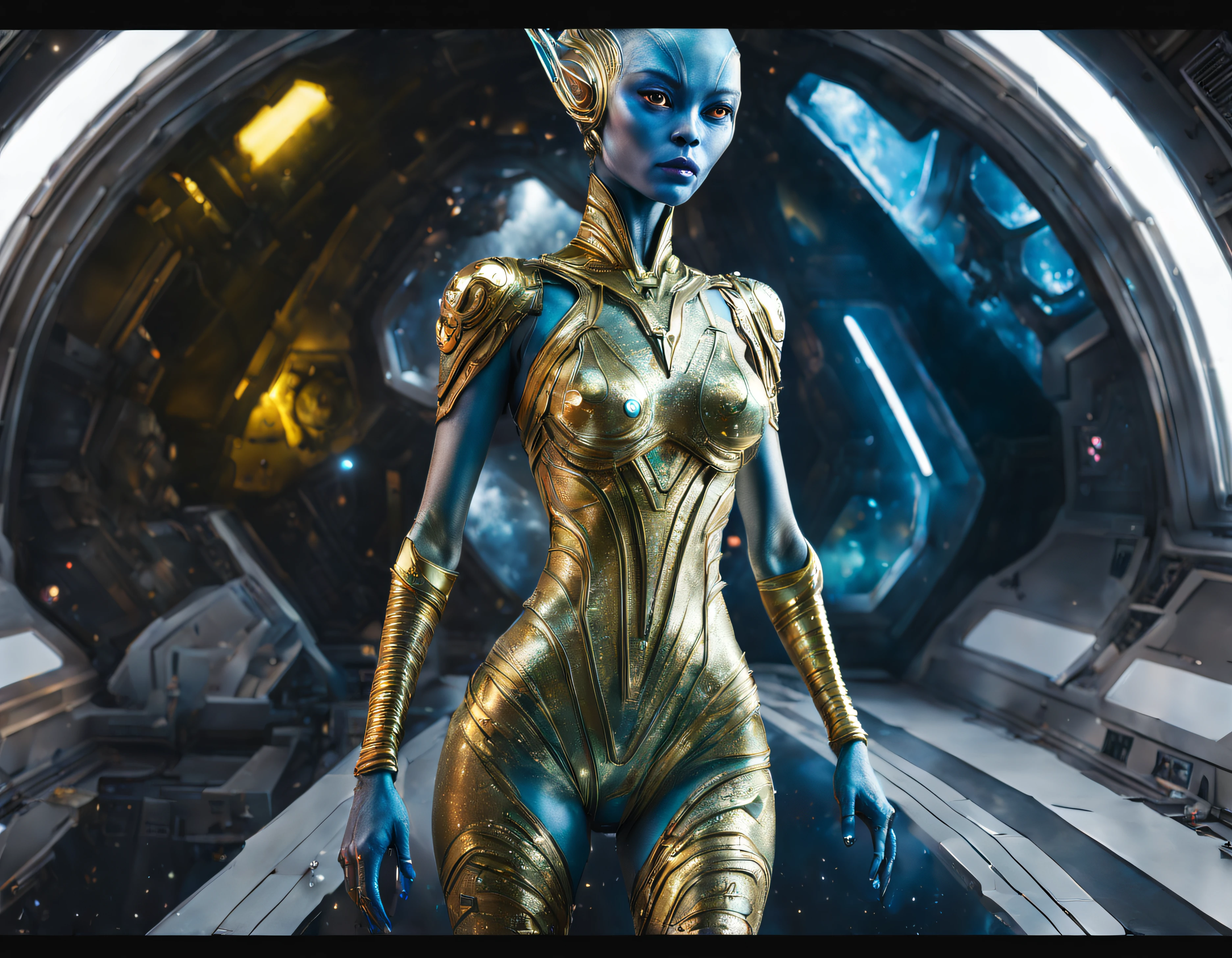 (cuerpo completo), extraterrestrial alien female similar to Lihö-Minaa princess of the people of the planet mül from the film Valerian and the city of a thousand planets , cuerpo atletico y exuberante, vestida de traje de noche corto, engarzado con oro refulgente, priedras preciosas de colores y diamantes, ((se encuentra en centro de control de estacion espacial)), detalles intrincados de la maquina de alta calidad), estilo cinematografico, nitidez absoluta, imagen 8k.(obra maestra).fondos de pantalla, ultra detallado.