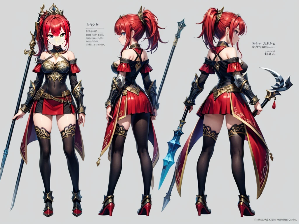 ((Masterpiece, highest quality)), detailed face, character sheet, Full body, 1girl, High quality,Best quality,Ultra-detailed,high resolution,female warrior in red outfit with filigree shiny rustic golden off-shoulder armor and holding a ornate polearm, tall sexy lady, red hair,  long hair, High ponytail,Blue eyes,breasts,tiara,armor, weapon,  polearm, armor, Open Chest, tight micro miniskirt,high heels, holding weapon, breasts,cleavage, full body, holding,full of details, multiple poses and expressions, highly detailed, many parts,((three sided view, front view, side view, back view, full body,simple background, gray background,multiple views,highres)), illustration, charturnbetalora, concept art, character concept art