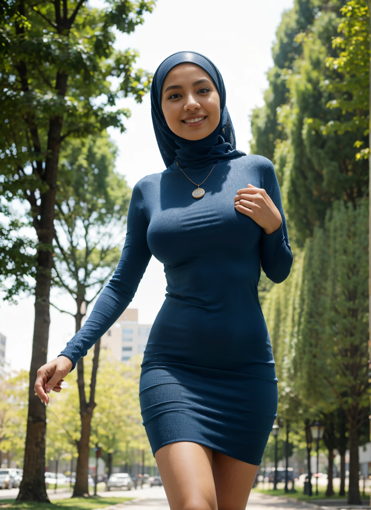 RAW, Best quality, high resolution, masterpiece: 1.3), Beautiful Malay woman in hijab, Masterpiece, perfect slim body, (Big breasts),((Tight knit dress)),Emphasises the buttocks, wide hips, very feminine hips, Sheer clothes,Smiling smile,(flying hijab) ,thin waist big breasts,Hyper-Realism,Cinematic lighting,depth of field,From below,vanishing point,F/2.8,Anatomically correct,Textured skin,Super Detail,award winning,Best Quality,high resolution,beautiful big eyes, Soft smiles, necklaces, hair ties, morning walks, city parks, great lighting, bright colors, clean lines