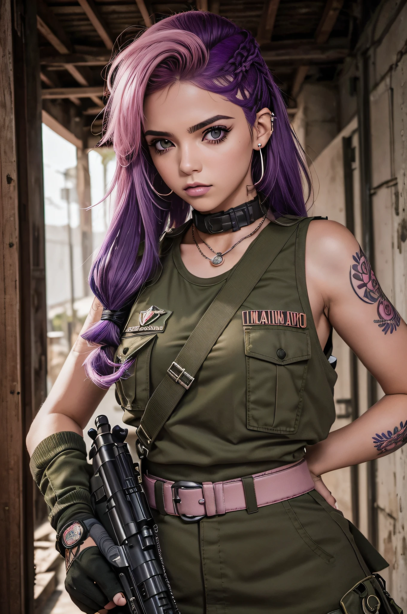 ((tiro de corpo inteiro, fotografia RAW, DSLR)) tactical, Dedos bonitos,Dedos detalhados,mulher, Lado europeu, Estilo Tank Menina, Garota punk-rock(Cabelo roxo e rosa curto: 1.5), Fortemente tatuado, rebelar-se, agressivo, Feiticeira,Garota alternativa,Saia militar,(Oeste: 1.2), machine gun in hands,militar, 4k, high resolution, obra prima, melhor qualidade, (headpe: 1.3), Couro finamente detalhado, decote, Grande flor de cerejeira.saia,Incline-se para o espectador