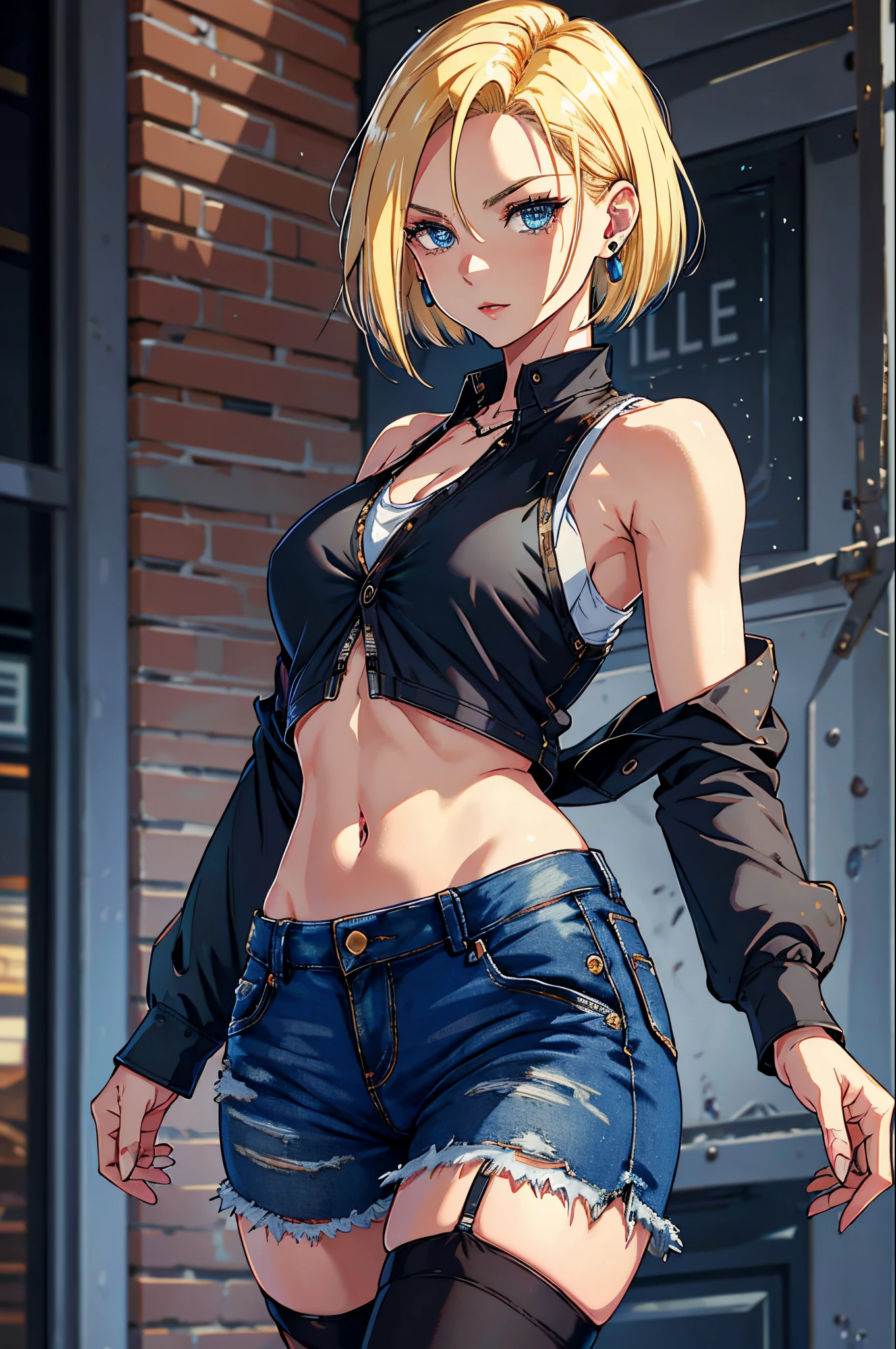 best quality, highres, and18, 1girl, android 18, solo, blonde hair, blue eyes, short hair, earrings, jewelry, denim vest, open vest, black pantyhose, black shirt, denim skirt, striped long sleeves, blue skirt, medium breasts, cowboy shot, street, (Externally expanded Chest:1.2), (Strapless:1.2), off-the-shoulder,