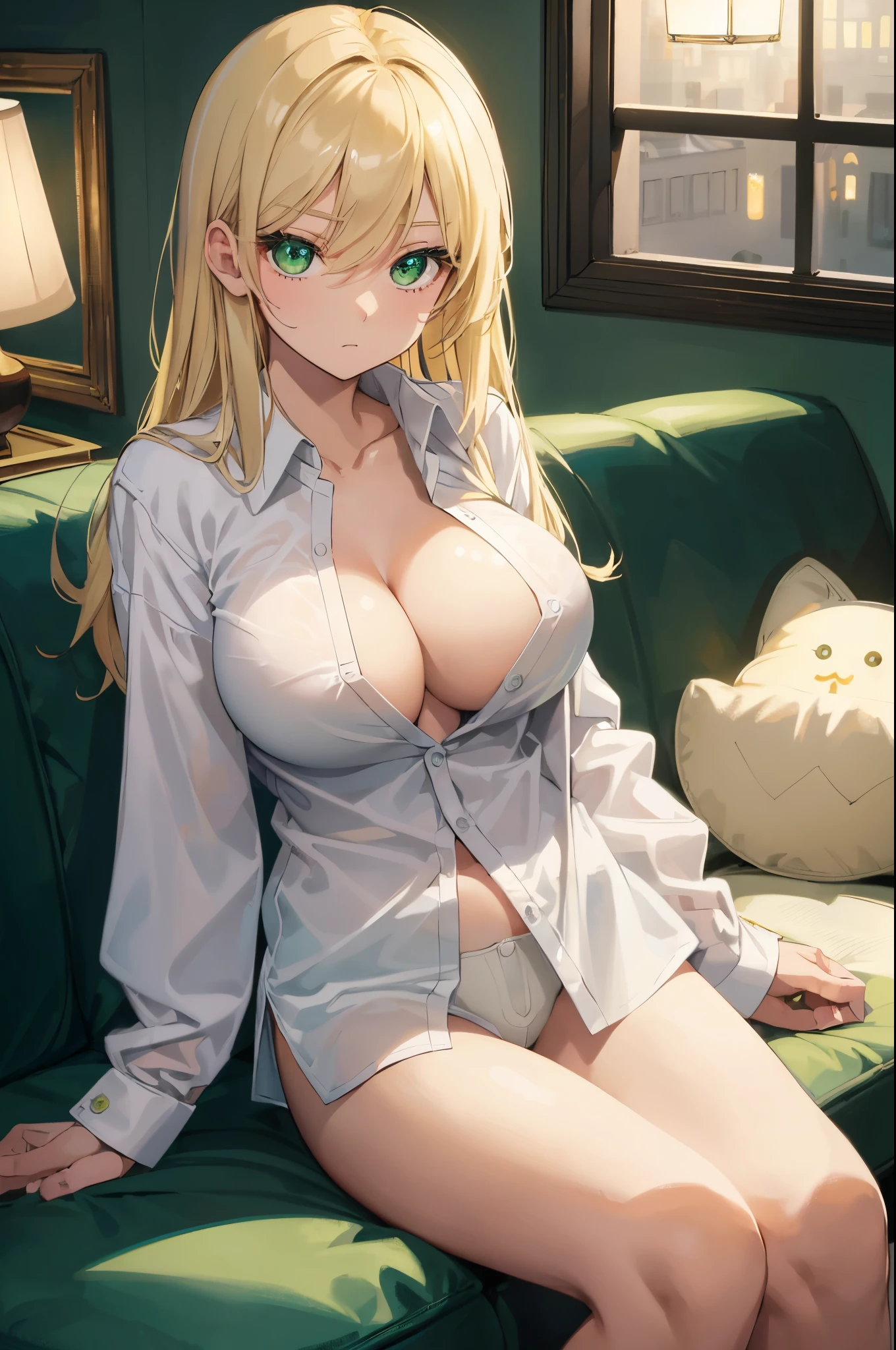 masterpiece, best quality, finely detailed, 1girl, (blonde), (bishoujo), cute, (green eyes), (eyelashes), (huge breasts), (cleavage), (white shirt:1.2), (open shirt), sitting on a sofa, lamp, window, night, delicate interior design,