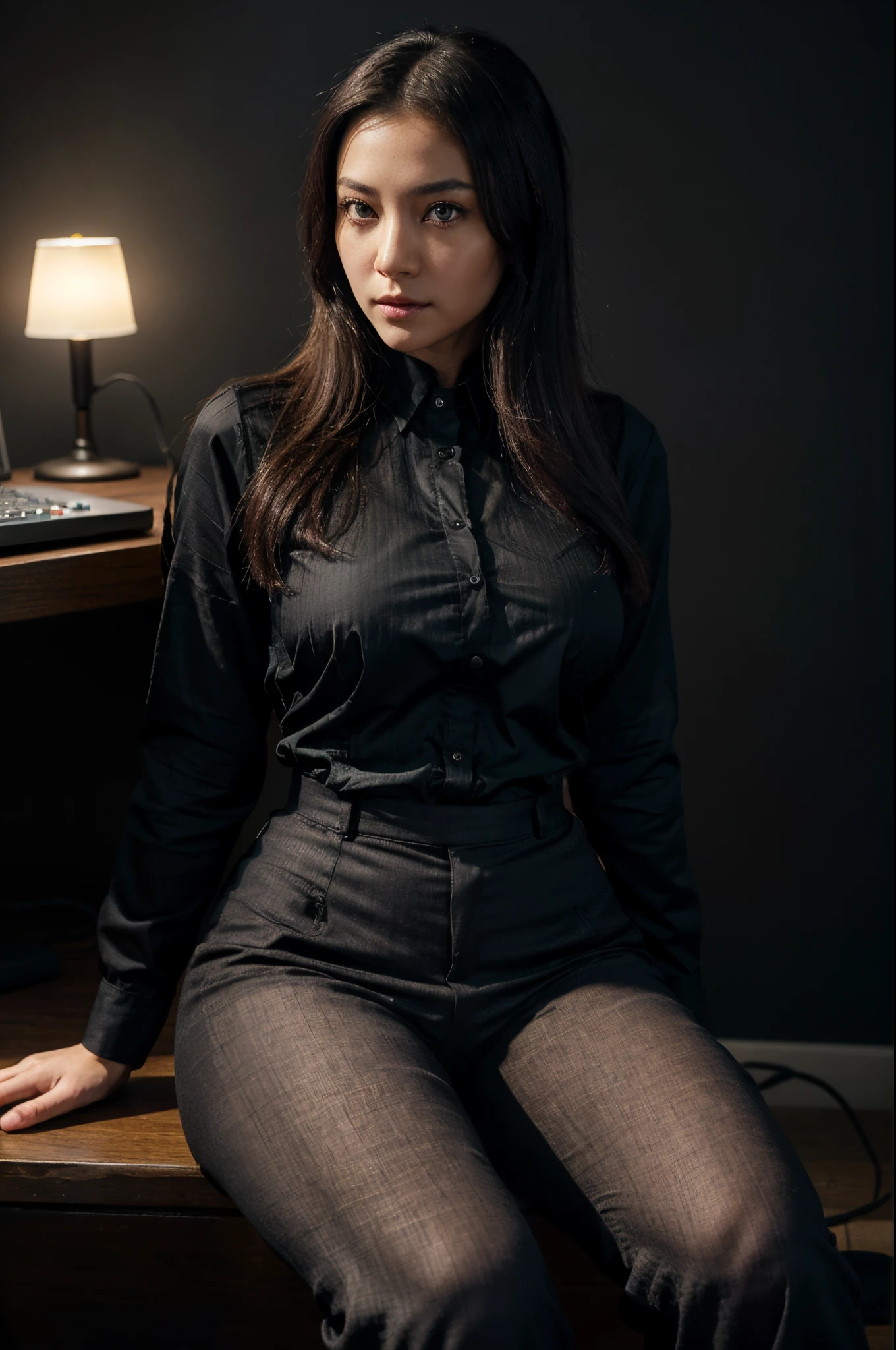 visage parfait, (glowing lighting:1.2),beautiful detailed eyes, une femme asiatique, yeux vert, cheveux noir long , porter une chemise , pantalon long noir, est assis sur une chaise de bureau gamer, gros seins (1.2), on peut voir le bas des seins.