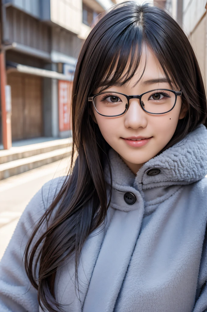 ((japanaese girl)), 8K, Raw photo, Best Quality, ultra-detailliert, Ultra High Resolution, Realistic, photographrealistic, high-definition RAW color photography, professional photograpy, Extremely detailed, 8K Wallpaper, amazing, finely detail, Huge file size, extra detailed face, extremely detailed eye, highlydetailed skin, extremely detailed fingers, highly detailed nose, highly detail mouth, Perfect Anatomy, Highly detailed background, Realistic body, Good figure, blown hair, Cute face, Photography, (Happy smile), Perfect Skin, Perfect Anatomy, (glasses), (Mole), swept bangs, ((winter)), long coat, muffler, full black eyes,