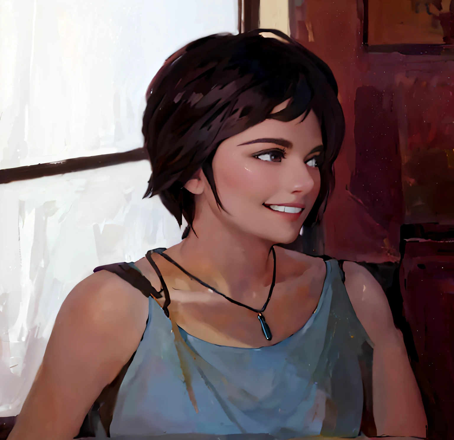 BettyOC, black eyes, short black hair, blue bow, blue dress, bare shoulders, looking at viewer, smiling, happy, sitting, upper body shot, behind table, inside fancy restaurant, table full of food, spaghetti, warm ambiance, high quality, masterpiece, <lora:BettyRubble_character:.8>