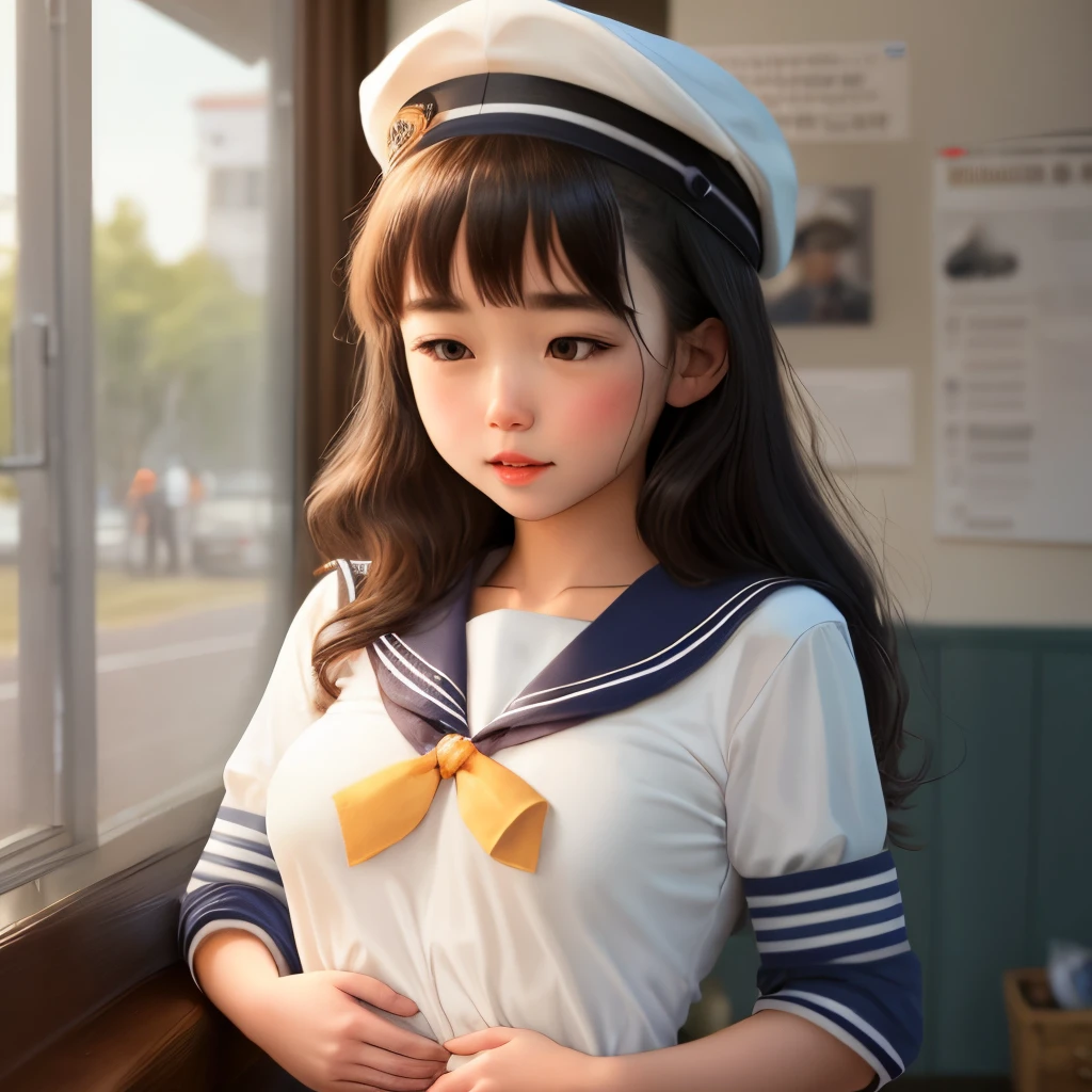 masuter piece, best qualtiy, (realisitic, Photorealsitic:1.37), ((独奏)), 8K image quality, Extremely delicate and beautiful, splendid, Official art with attention to detail, Ridiculous, Unbelievably ridiculous, huge filesize, ultra-detailliert, ighly detailed, (Petite and cute girl), (detailed girl), extremely detailed eye and face, Beautiful detailed eyes, Light makeup,, (Slender and perfect female figure), tiny chest, Slim waist, small ass, ((fullllbody)), ((Put the head in the frame)),  ((a sailor)), (a sailor suit), (Sailor pants), (Sailor Hut), At the port, Brown hair, ssmile,