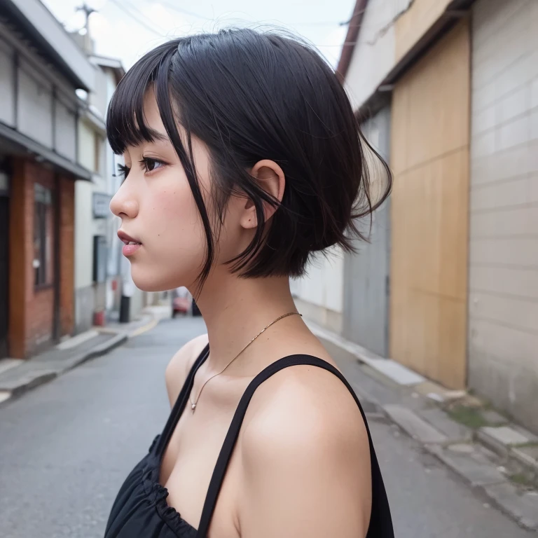1girl in, 22year old, gradient, up looking_で_viewer, Black_hair, Solo by JM, Yoshiko Akishino, Shorthair