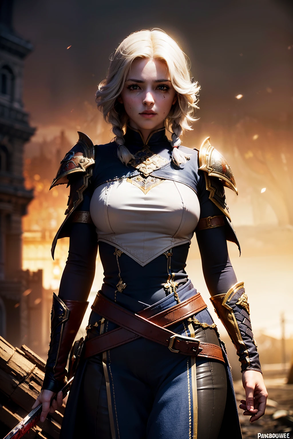 (((From face to the waist view::1. 4))), realistic skin texture, front view::1.0, (((Bloodbourne aesthetic style))) in complex & hyper detailed white fantasy armor (((wild glow effect))), panning photography::1, gold hour illumination, short white hair & long braid, (masterpiece), best quality, perfect face, 8k