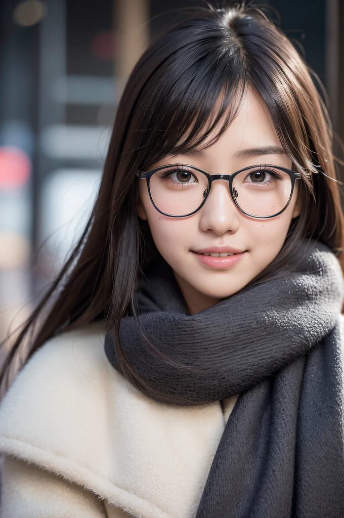 ((japanaese girl)), 8K, Raw photo, Best Quality, ultra-detailliert, Ultra High Resolution, Realistic, photographrealistic, high-definition RAW color photography, professional photograpy, Extremely detailed, 8K Wallpaper, amazing, finely detail, Huge file size, extra detailed face, extremely detailed eye, highlydetailed skin, extremely detailed fingers, highly detailed nose, highly detail mouth, Perfect Anatomy, Highly detailed background, Realistic body, Good figure, blown hair, Cute face, Photography, (Happy smile), Perfect Skin, Perfect Anatomy, (glasses), (Mole), swept bangs, ((winter)), long coat, muffler, full black eyes,