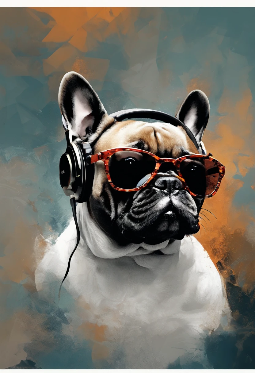 Perfekte Zentrierung, Cute French bulldog, Wear a jacket for the student team, Tragen einer Sonnenbrille, Wearing headphones, Frohsinn, Stand, abstract beauty, zentriert, Blick in die Kamera, Der Kamera zugewandt, approaching perfection, dynamisch, Highly detailed,  glatt, Scharfer Fokus, 8K, hight resolution, Illustration, Kunst von Carne Griffiths und Wadim Kashin, kein Hintergrund png clipart style