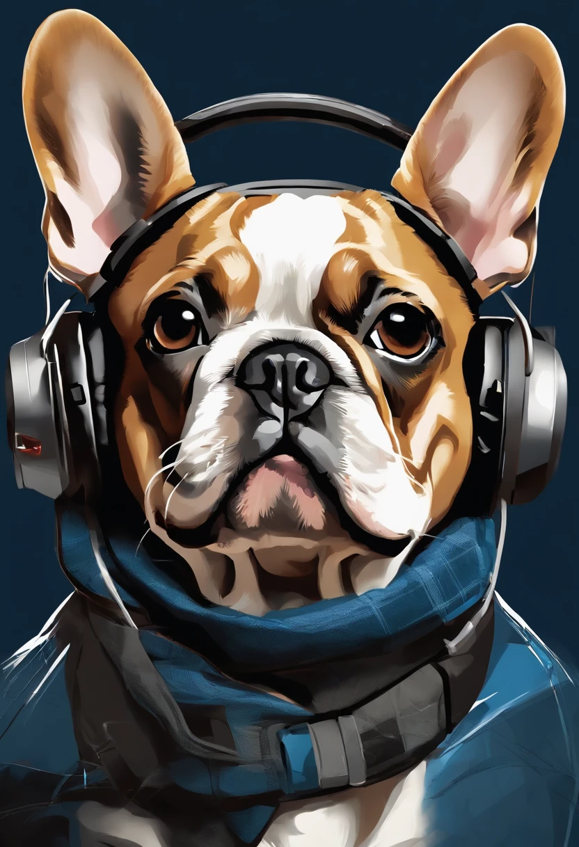 Perfekte Zentrierung, Cute French bulldog, Wear a jacket for the student team, Tragen einer Sonnenbrille, Wearing headphones, Frohsinn, Stand, abstract beauty, zentriert, Blick in die Kamera, Der Kamera zugewandt, approaching perfection, dynamisch, Highly detailed, glatt, Scharfer Fokus, 8K, hight resolution, Illustration, Kunst von Carne Griffiths und Wadim Kashin, kein Hintergrund png clipart style
