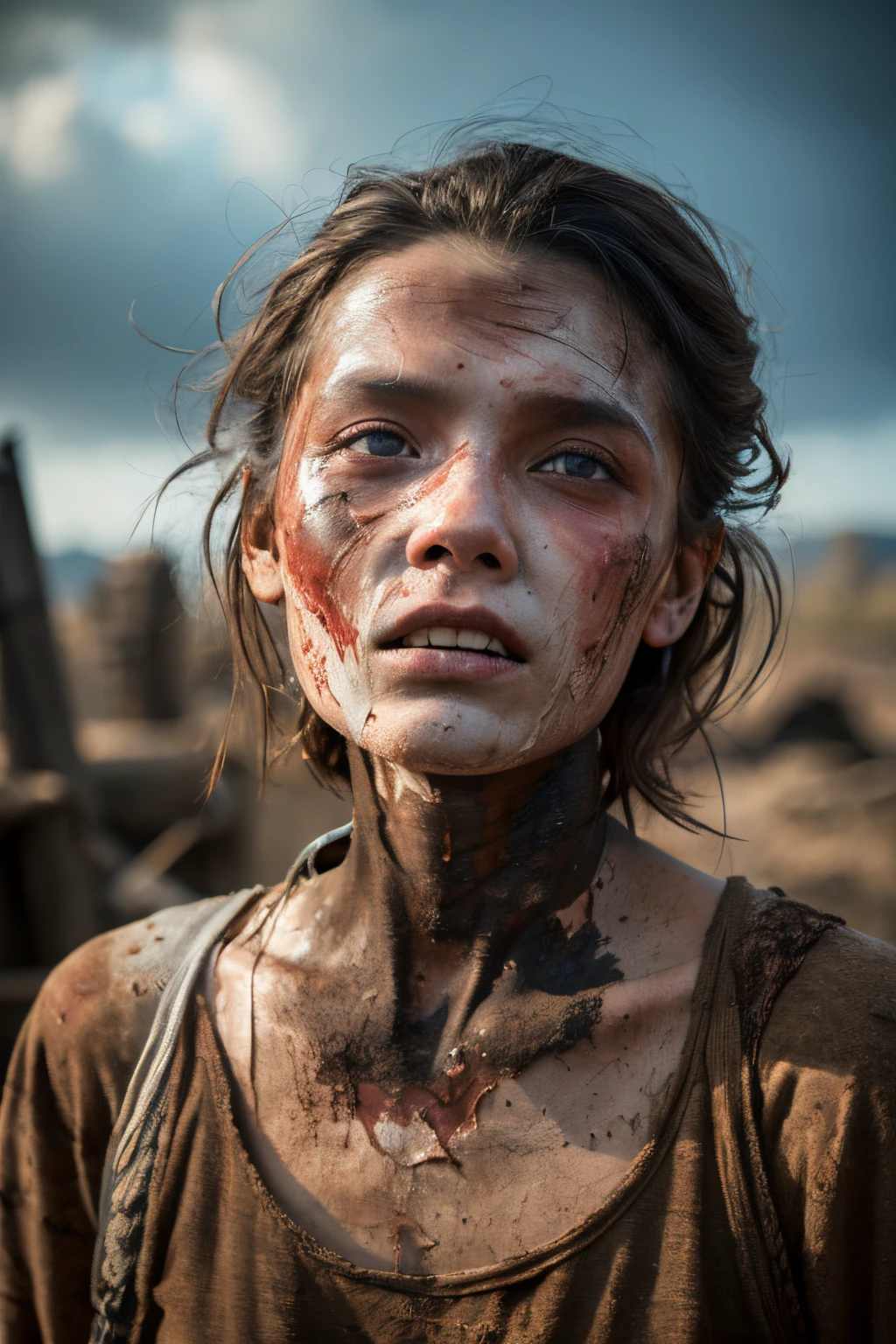 8K、zombie、tatteredclothing、rotten skin on the face、A face full of scars,Dirty muddy hair、Highly detailed dry rotten peeling dead skin、Malnourished women、Blind、wide angles、detailed environment、细致背景、A highly detailed、with an intricate、Detailed skin、Natural colors、professional colorgraded、Photorealism、8K、Moody lighting、Art by George Fau、超A high resolution、A hyper-realistic、White, cloudy eyes,