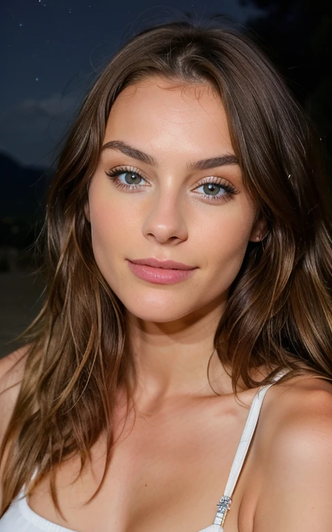 Belle brune aux reflets blonds portant une photo selfie,italienne, Haut du corps, seulement, Porter un pull, dehors, (Nuit), montagnes,plage, The nature of real life, stars, lune, highly detailed, 22 ans, , seins, visage innocent, natural wavy hair, yeux bleus, High resolution, Masterpiece, Best quality, intricate high detail, highly detailed, mise au point nette, detailed skin, realistic skin texture, texture, detailled eyes, professionnel, 4K, sourire charmant, filmed on Canon, 85 mm, faible profondeur de champ, Couleur Kodak Vision, perfect fit body , Extremely detailed, photographie_\(ultra\), photoreallistic, Realstic, Post-traitement, maximum details, roughness, real life, ultra realist, photorealism, photographie, 8K UHD, photographie, Busty