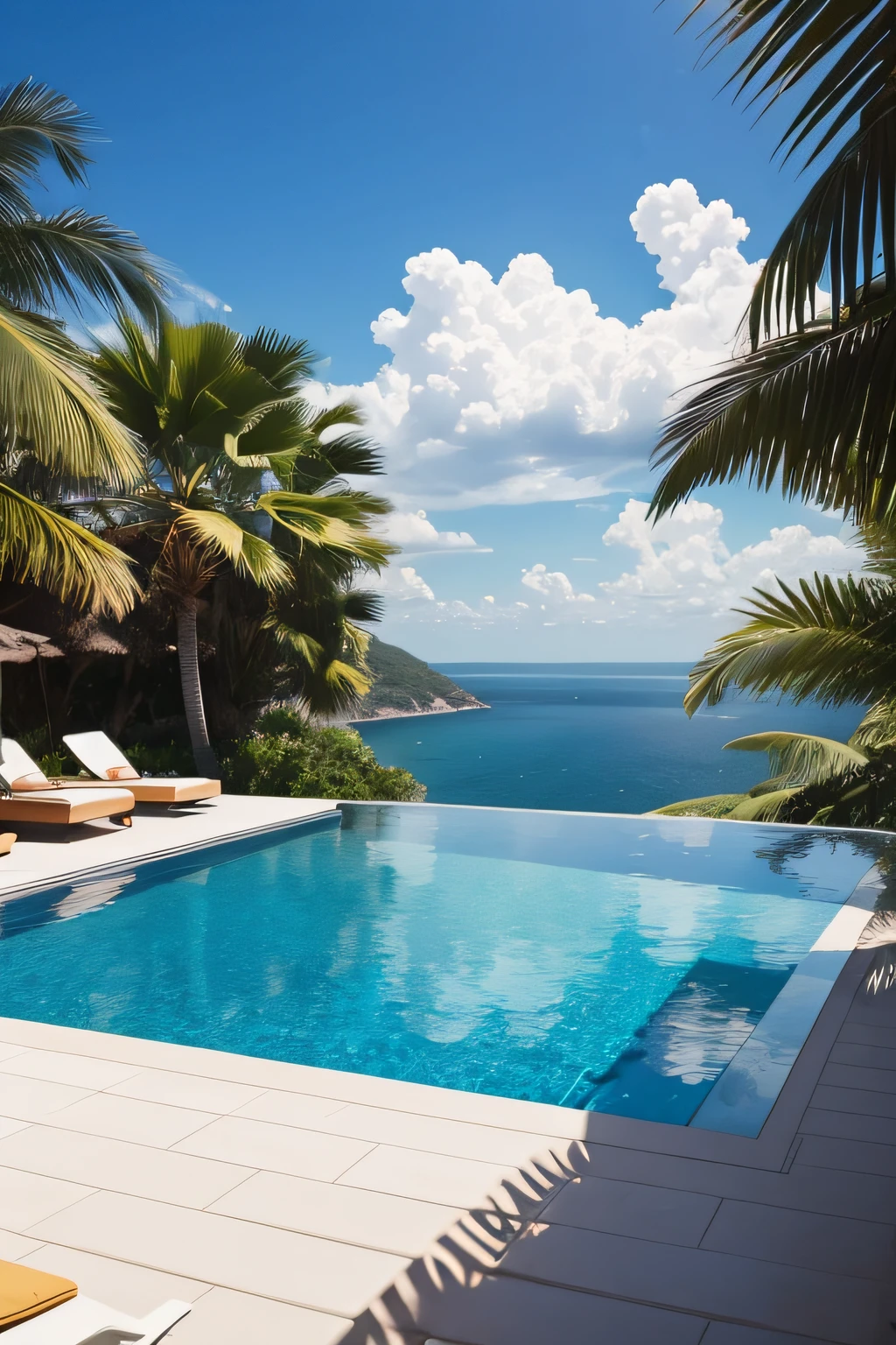 Beautiful infinity pool with a muscled sexy hot guy in swimwear, sunglasses