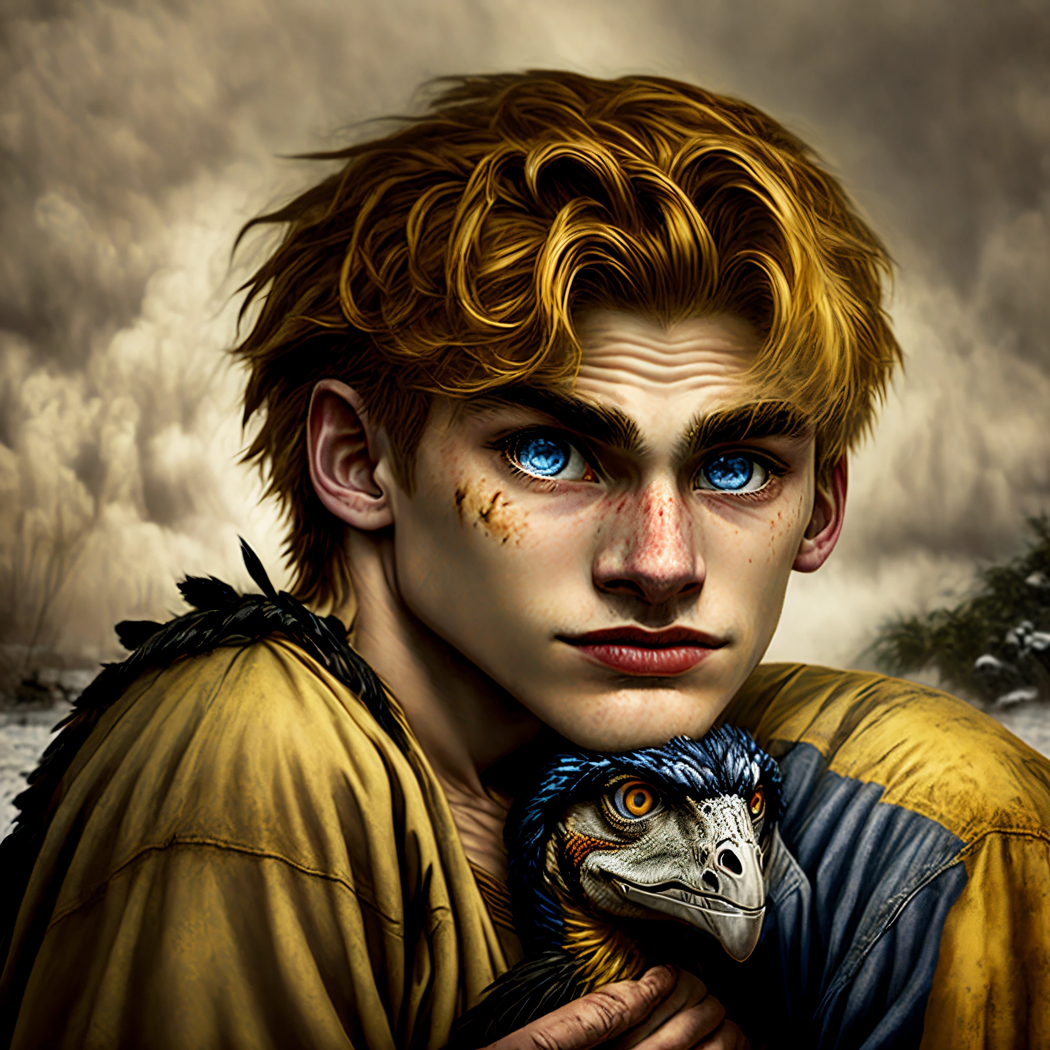 a thirteen year old male jurassic world character with a blond, straight face-length side part and undercut, blue eyes, a dirty face, wearing black gear, cuddling a feathered velociraptor face to face and looking silly