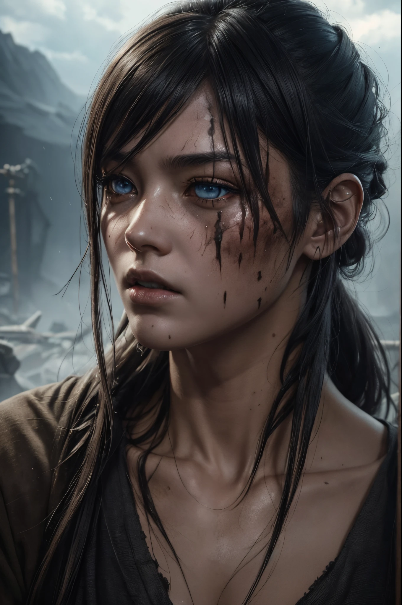8K、zombie、tatteredclothing、rotten skin on the face、A face full of scars,Dirty muddy hair、Highly detailed dry rotten peeling dead skin、Malnourished women、Blind、wide angles、detailed environment、细致背景、A highly detailed、with an intricate、Detailed skin、Natural colors、professional colorgraded、Photorealism、8K、Moody lighting、Art by George Fau、超A high resolution、A hyper-realistic、White, cloudy eyes,