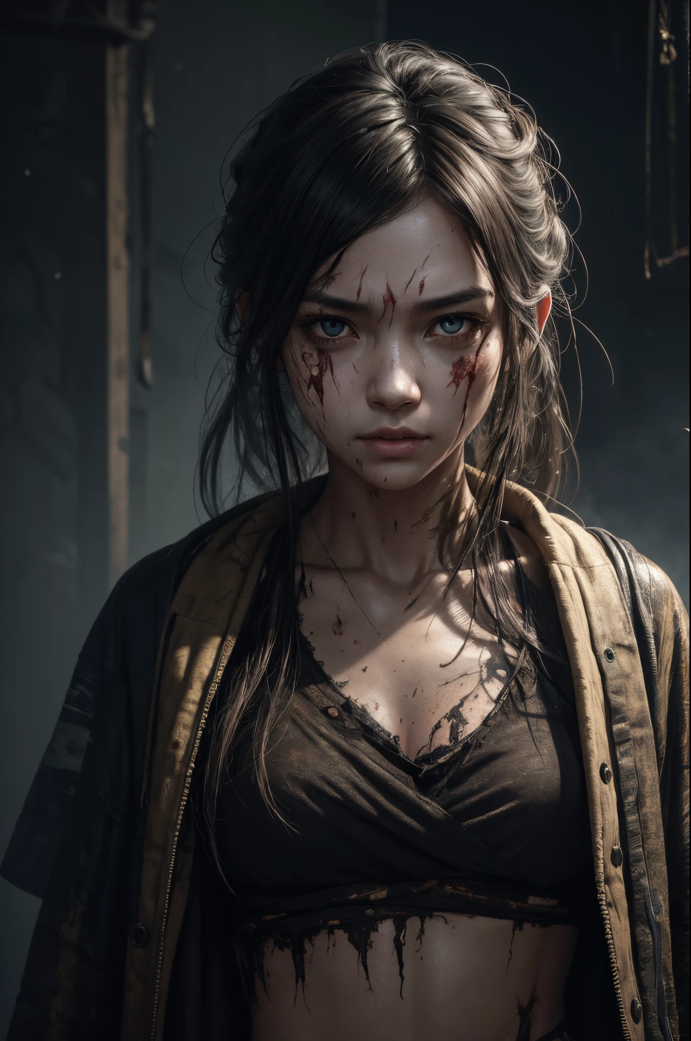 8K、zombie、tatteredclothing、rotten skin on the face、A face full of scars,Dirty muddy hair、Highly detailed dry rotten peeling dead skin、Malnourished women、Blind、wide angles、detailed environment、细致背景、A highly detailed、with an intricate、Detailed skin、Natural colors、professional colorgraded、Photorealism、8K、Moody lighting、Art by George Fau、超A high resolution、A hyper-realistic、White, cloudy eyes,
