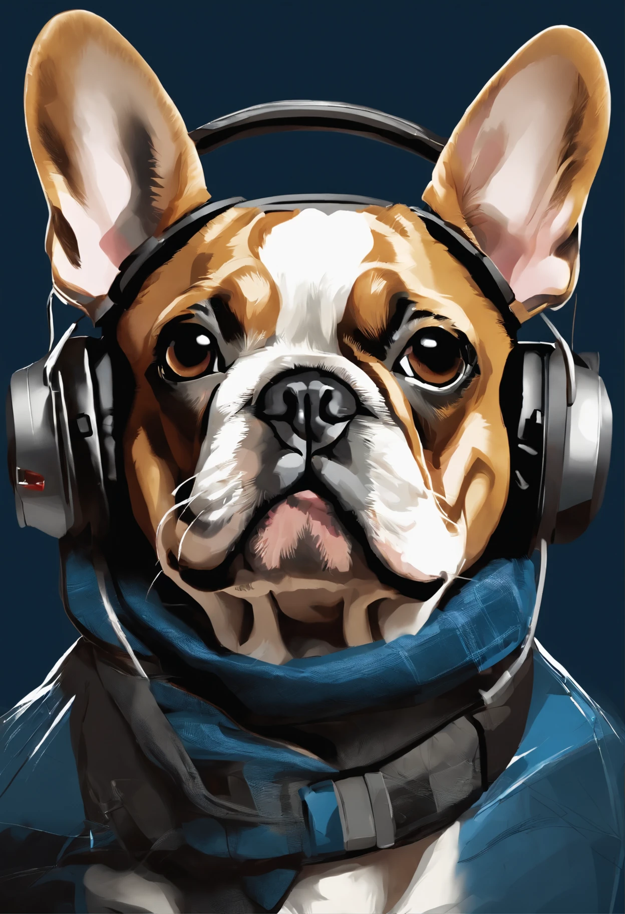 Perfekte Zentrierung, Cute French bulldog, Wear a jacket for the student team, Tragen einer Sonnenbrille, Wearing headphones, Frohsinn, Stand, abstract beauty, zentriert, Blick in die Kamera, Der Kamera zugewandt, approaching perfection, dynamisch, Highly detailed,  glatt, Scharfer Fokus, 8K, hight resolution, Illustration, Kunst von Carne Griffiths und Wadim Kashin, kein Hintergrund png clipart style