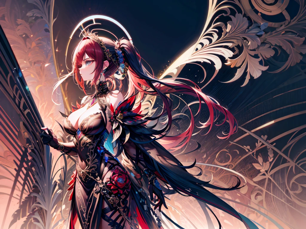 ((Masterpiece, highest quality)), detailed face, character sheet, Full body, 1girl, High quality,Best quality,Ultra-detailed,high resolution,female warrior in red outfit with filigree shiny rustic golden off-shoulder armor and holding a ornate polearm, tall sexy lady, red hair, long hair, High ponytail,Blue eyes,breasts,tiara,armor, weapon, polearm, armor, Open Chest, tight micro miniskirt,high heels, holding weapon, breasts,cleavage, full body, holding,full of details, multiple poses and expressions, highly detailed, many parts,((three sided view, front view, side view, back view, full body,simple background, gray background,multiple views,highres)), illustration, charturnbetalora, concept art, character concept art,LnF