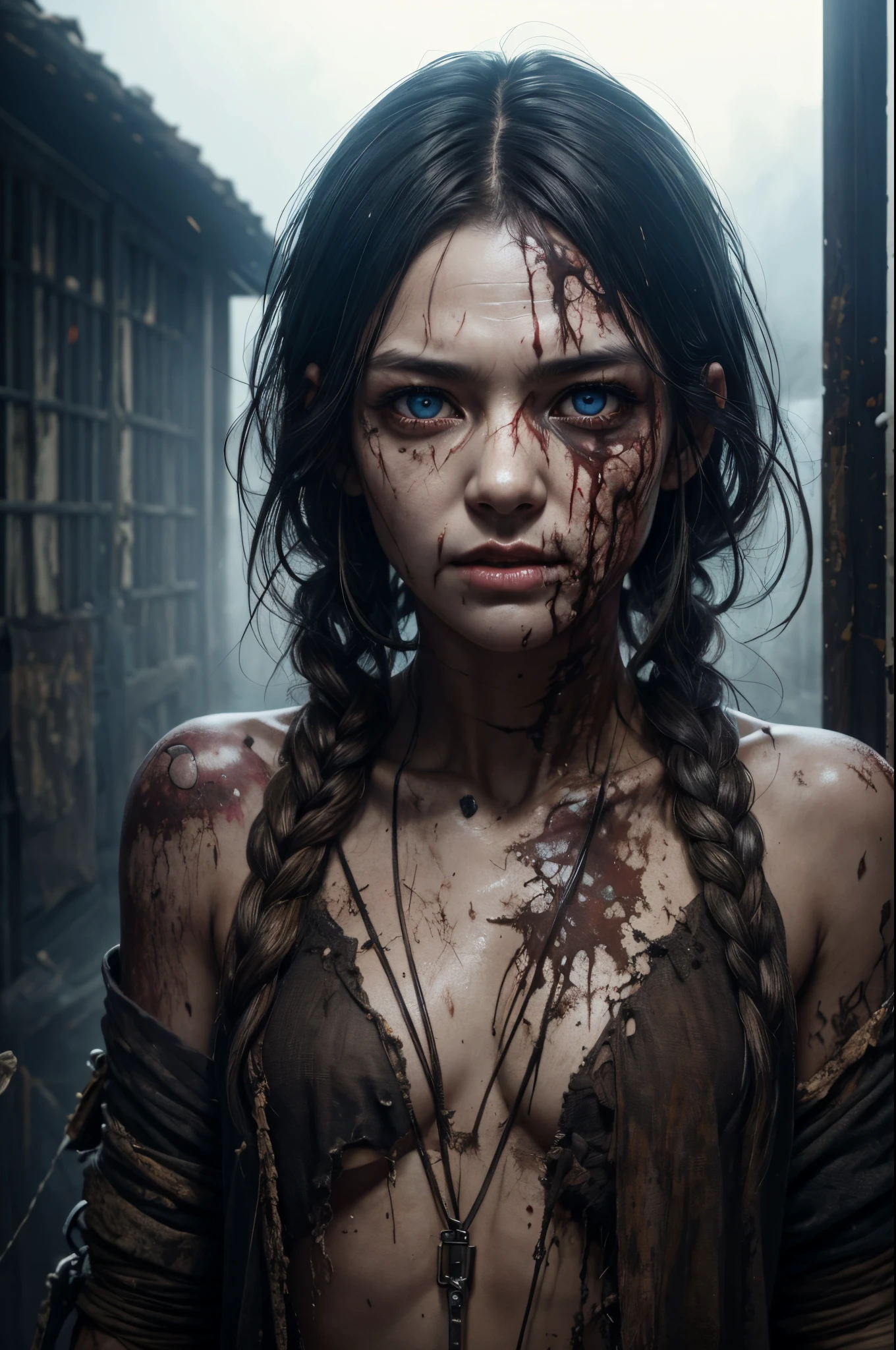 8K、zombie、tatteredclothing、rotten skin on the face、A face full of scars,Dirty muddy hair、Highly detailed dry rotten peeling dead skin、Malnourished women、Blind、wide angles、detailed environment、细致背景、A highly detailed、with an intricate、Detailed skin、Natural colors、professional colorgraded、Photorealism、8K、Moody lighting、Art by George Fau、超A high resolution、A hyper-realistic、White, cloudy eyes,falling eyeballs,Part of the face becomes skeletal,
