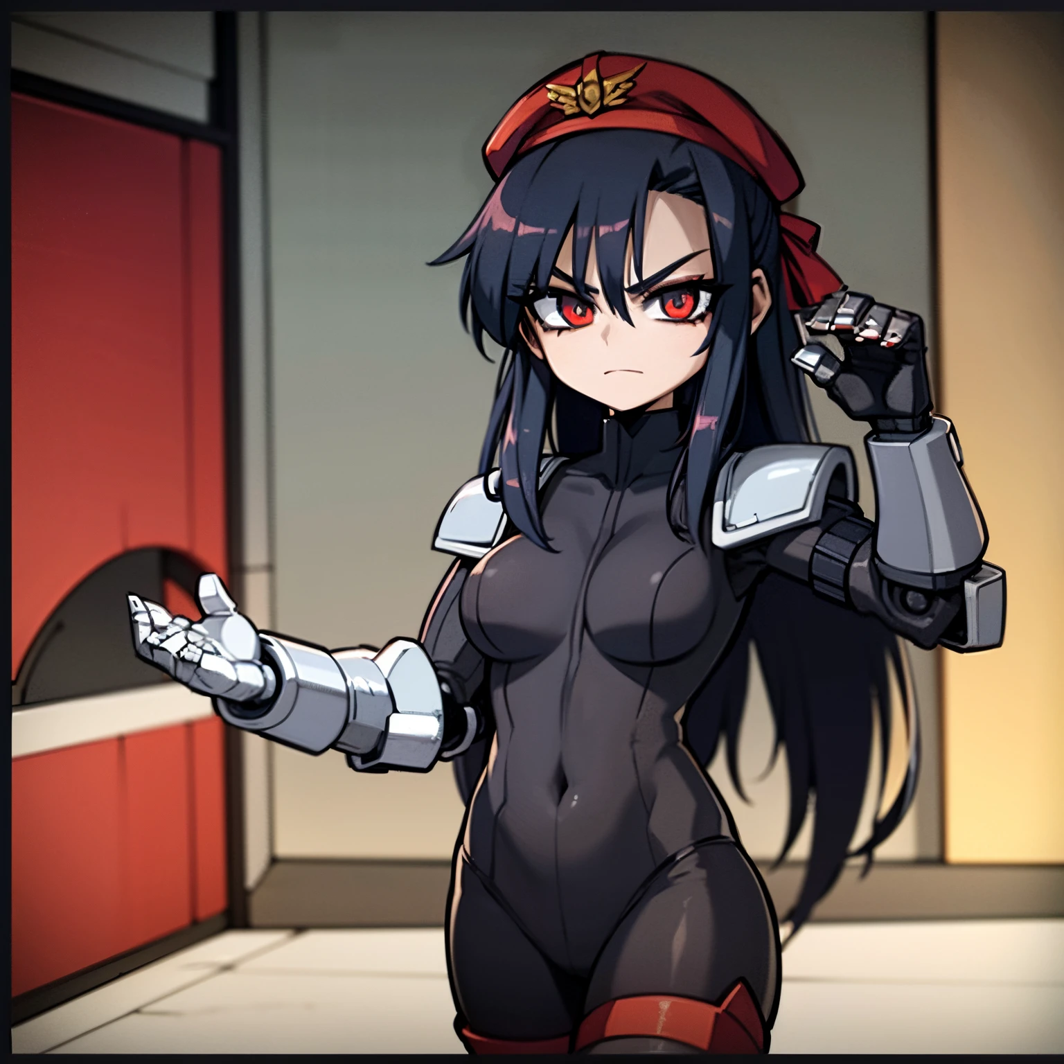 ultra-detailed, Explicit, Beautiful body, Beautiful Nose, Beautiful character design, perfect eyes, perfect face, ultra highres, 4K, beautiful legs, perfect legs, Nice hands, Perfect hand, Masterpiece, Best Quality, Highly detailed, illustration, absurdres, street fighter, doll suit, shadaloo doll, dollsuit, expressionless, blank eyes, looking at viewer, red gloves, emotionless, black latex, corrution, mind control, female combatant, full body, hypnotized, unhappy trance, full body suit, ribbed bodysuit, both arms at side, obey, perfect female body, extremely glossy latex, hypnosis, hypnoLora, empty eyes, Mind control device, poses, submissive_pose, Slave, hat, necktie, stand up straight, standing, standing at attention, hat, necktie, belt, latex, ribbed bodysuit, thighhighs, garter belt, Fighting Stance, extending the right arm from the shoulder into the air with a straightened hand, nazi saluting, military, military saluting, salute, thigh boots, 1girl, nanami_touko_yagatekimininaru,
long_hair, black_hair, bangs, bow, ribbon, grey_eyes
