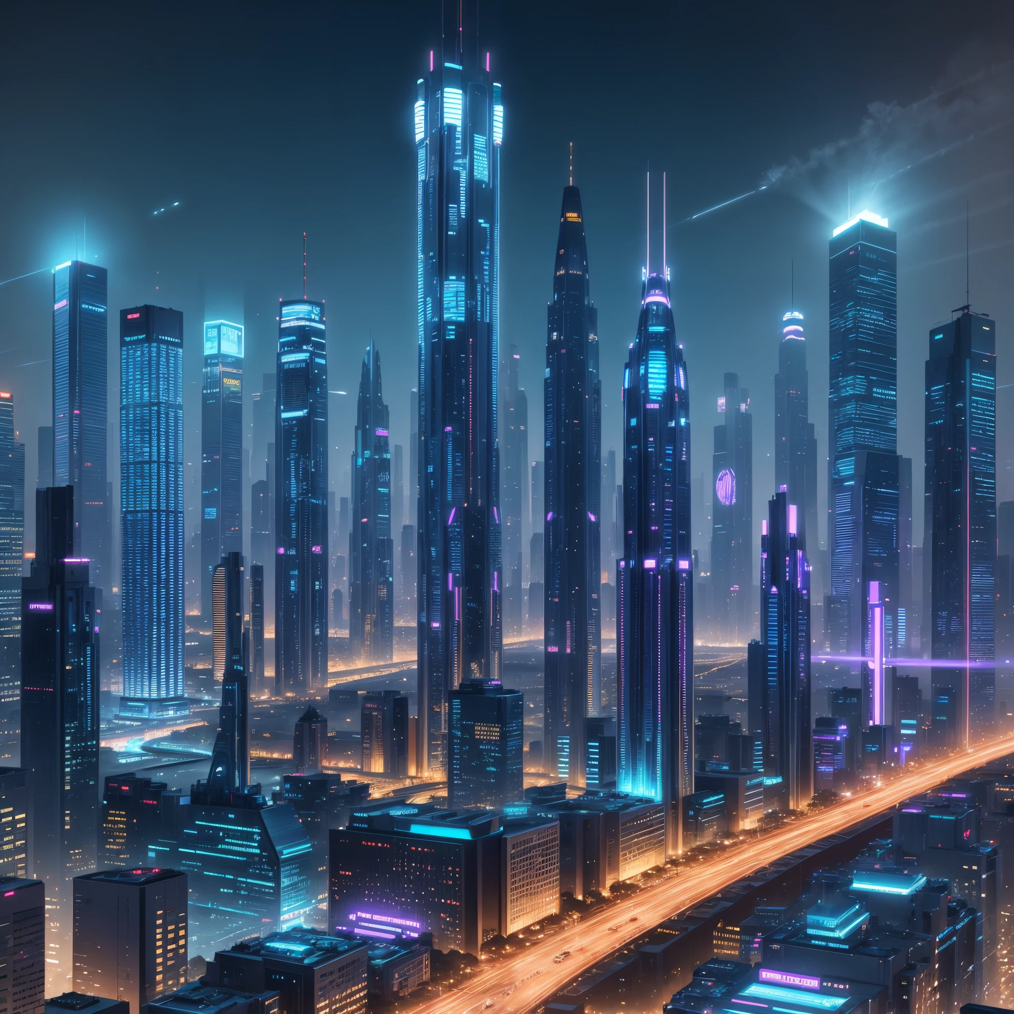 background image, futuristic city at night with bright signs, tall buildings, flying cars and robotic people, hyper realistic --auto --s2
