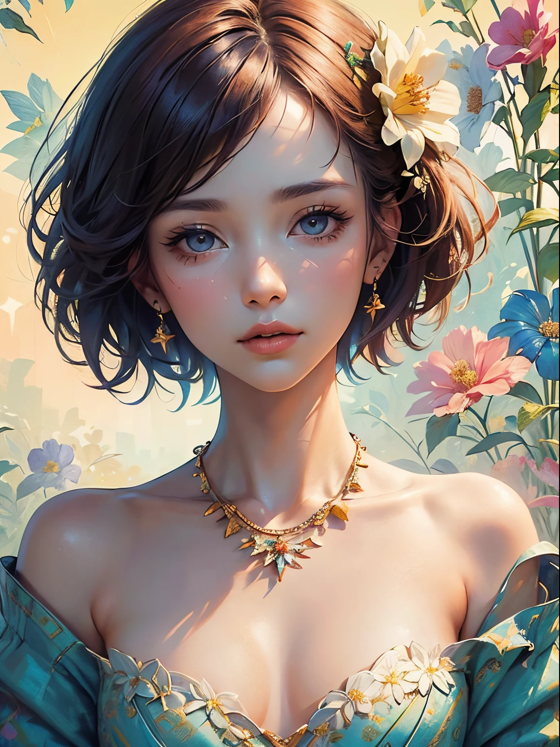 (masterpiece, best quality, beautiful girl, pretty face:1.2), solo, (close up face:1.2), 25 years old, short hair, colorful hair, colorful floral, floral background, dynamic lighting, necklace, sharp focus, raw photo, faceligh, small bust, incredibly absurdness