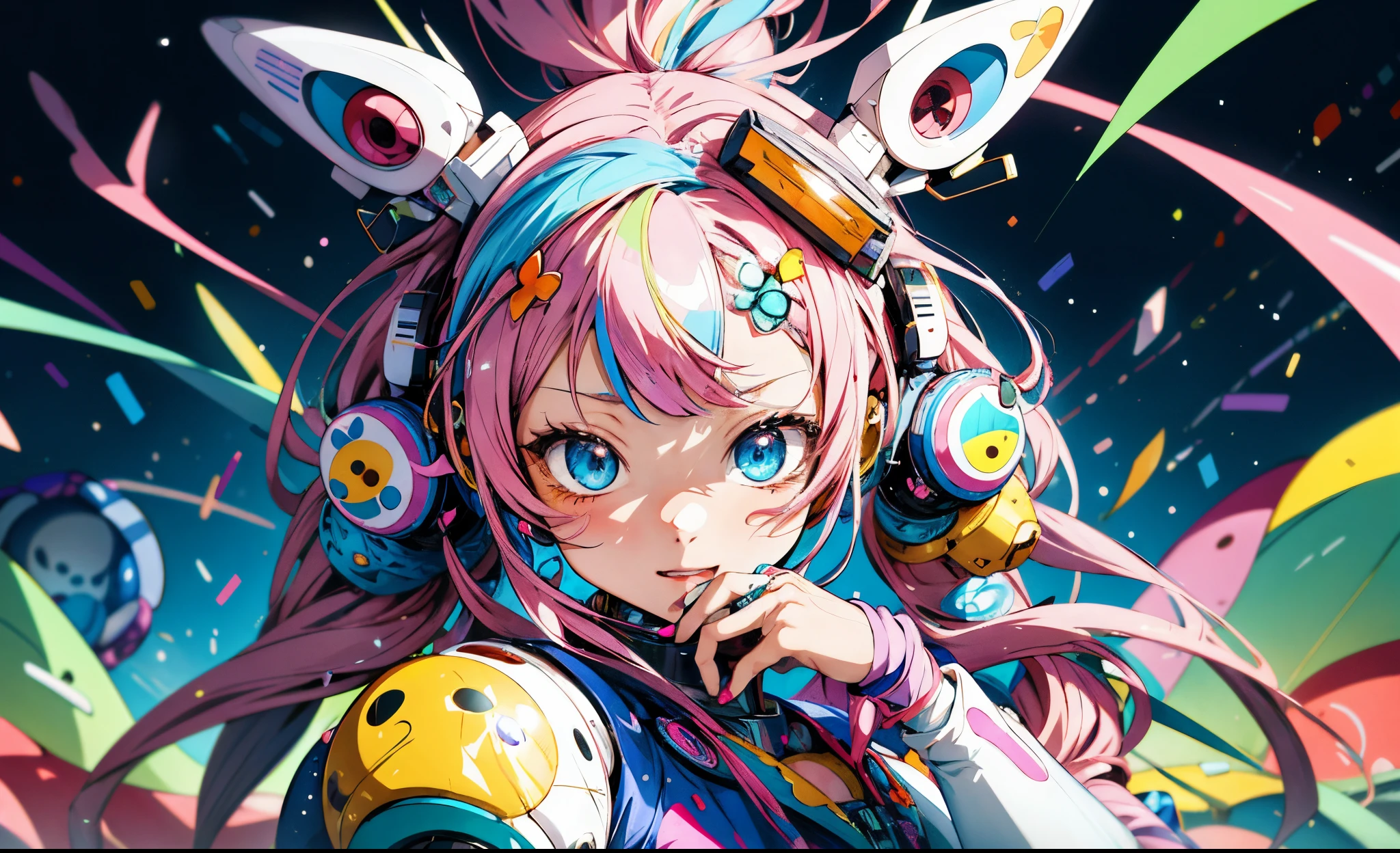 Anime girl with a lot of stickers on her head, decora inspired illustrations, best anime 4k konachan wallpaper, anime robotic mixed with organic, fully robotic!! girl, Anime Manga Robot!! Anime Girl, portrait anime space cadet girl, dreamy psychedelic anime, Anime Mecha Aesthetics, Robot Girl, splash art anime loli, decora inspired, hyper colorful