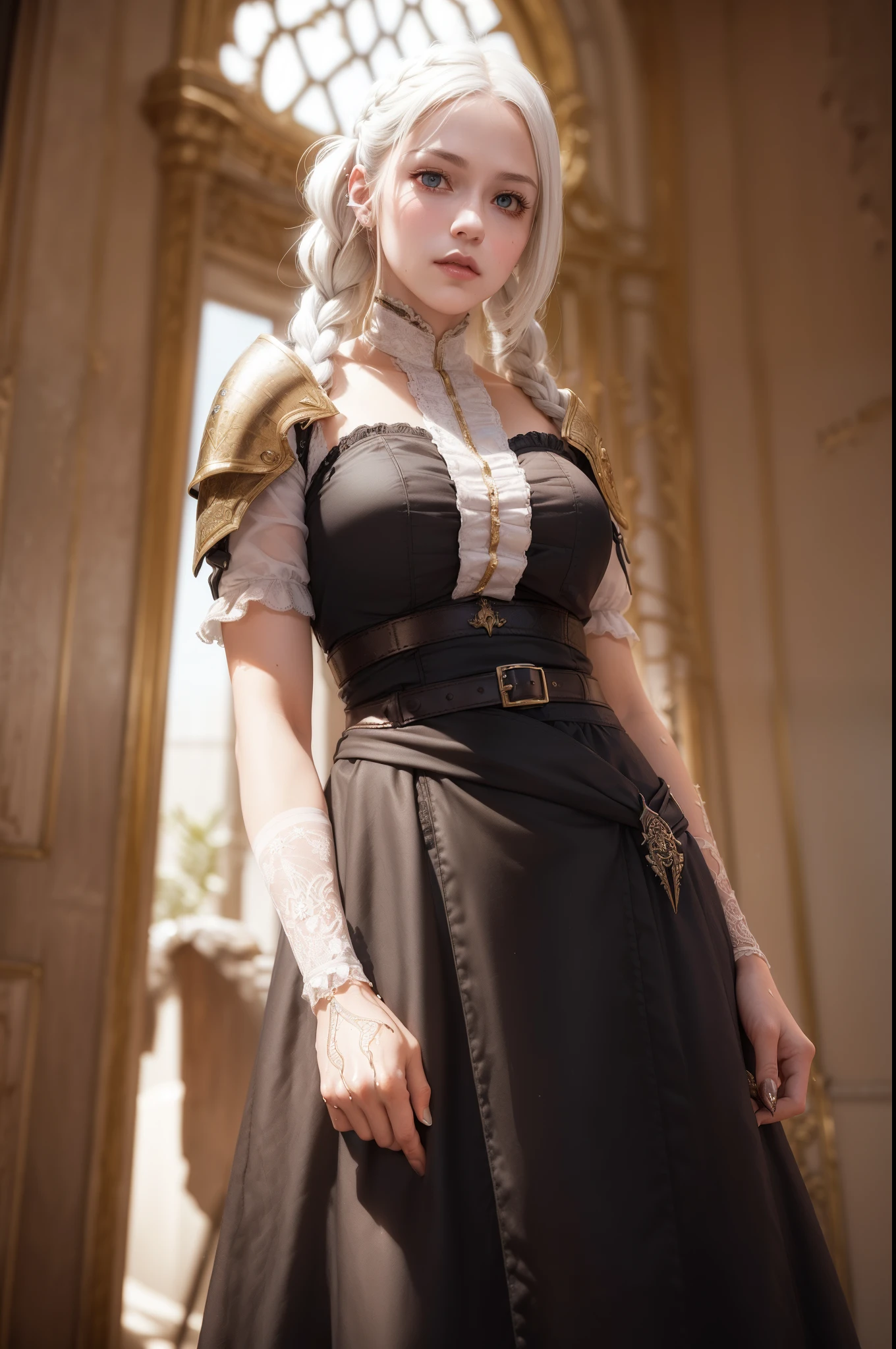 (((From face to the waist view::1. 4))), realistic skin texture, front view::1.0, (((Bloodbourne aesthetic style))) in complex & hyper detailed white fantasy armor (((wild glow effect))), panning photography::1, gold hour illumination, short white hair & long braid, (masterpiece), best quality, perfect face, 8k
