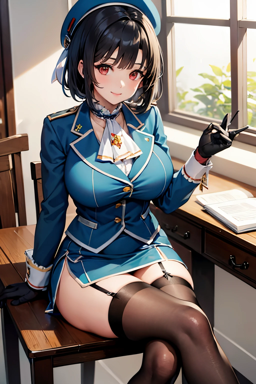 (masterpiece, best quality:1.2),illustration,8k,hd,1girl,takao \(kancolle\),black hair,red eyes,short hair,large breasts,long sleeves,hat,black gloves,black thighhighs,miniskirt,blue skirt,military uniform,beret,garter straps,blue jacket,blue headwear,pencil skirt,sitting on desk, crossed legs, smile