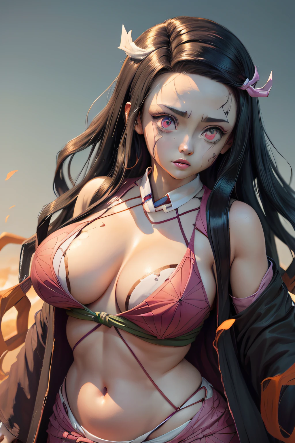 (Ultra Real), (Illustration), (High Resolution), (8K), (Very Detailed), (Best Illustration), (Beautiful Detailed Eyes), (Best Quality), (Ultra Detailed), (Masterpiece), (Wallpaper), (Detailed Face), Night Up Upper Body, ,Long Hair,Solo,Simple Kimono Top Girl, Sweaty, Japan Person, Big Tits, (fire) Nezuko Kamado, Red Eyes,  (Nezuko, Nezuko-chan, Demon Slayer art style, kimetsu no yaiba), Anime character female hentai, (Nezuko, in her demon form, huge breasts, giant long breasts sticking out of her clothes, her breasts sticking out of her kimono, showing beautiful pointy breasts), (the length of her ultra giant breasts goes up to her toned belly, she has leaf tattoos running down her erotic sexy body), Demon Slayer rui fanart, wielding kunai, Marin Kitagawa Fanart, clean and detailed anime art, a very beautiful berserker woman, by Kamagurka, professional art, perfect detail, (Nezuko kamado na her demonic form showing her giant, hairy , based on the Demon Slayer kimetsu no yaiba),