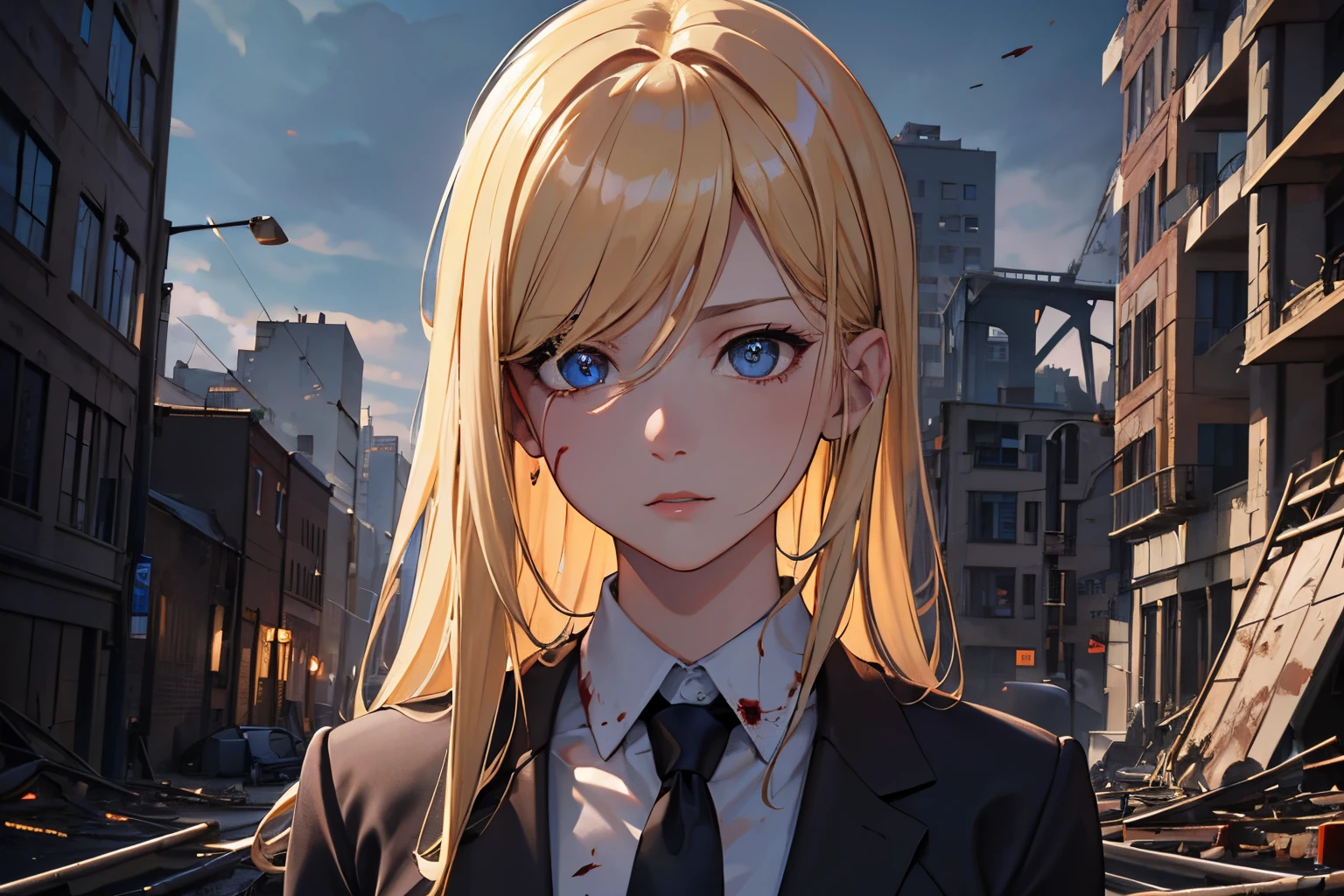 masterpiece, best quality, 1girl, blonde hair, blue eyes, suit and tie, covered in blood, destroyed building, burning building, fire, sad, detailed eyes, detailed facial features, realistic and high resolution (best quality, 4k, 8k, highres, masterpiece:1.2)