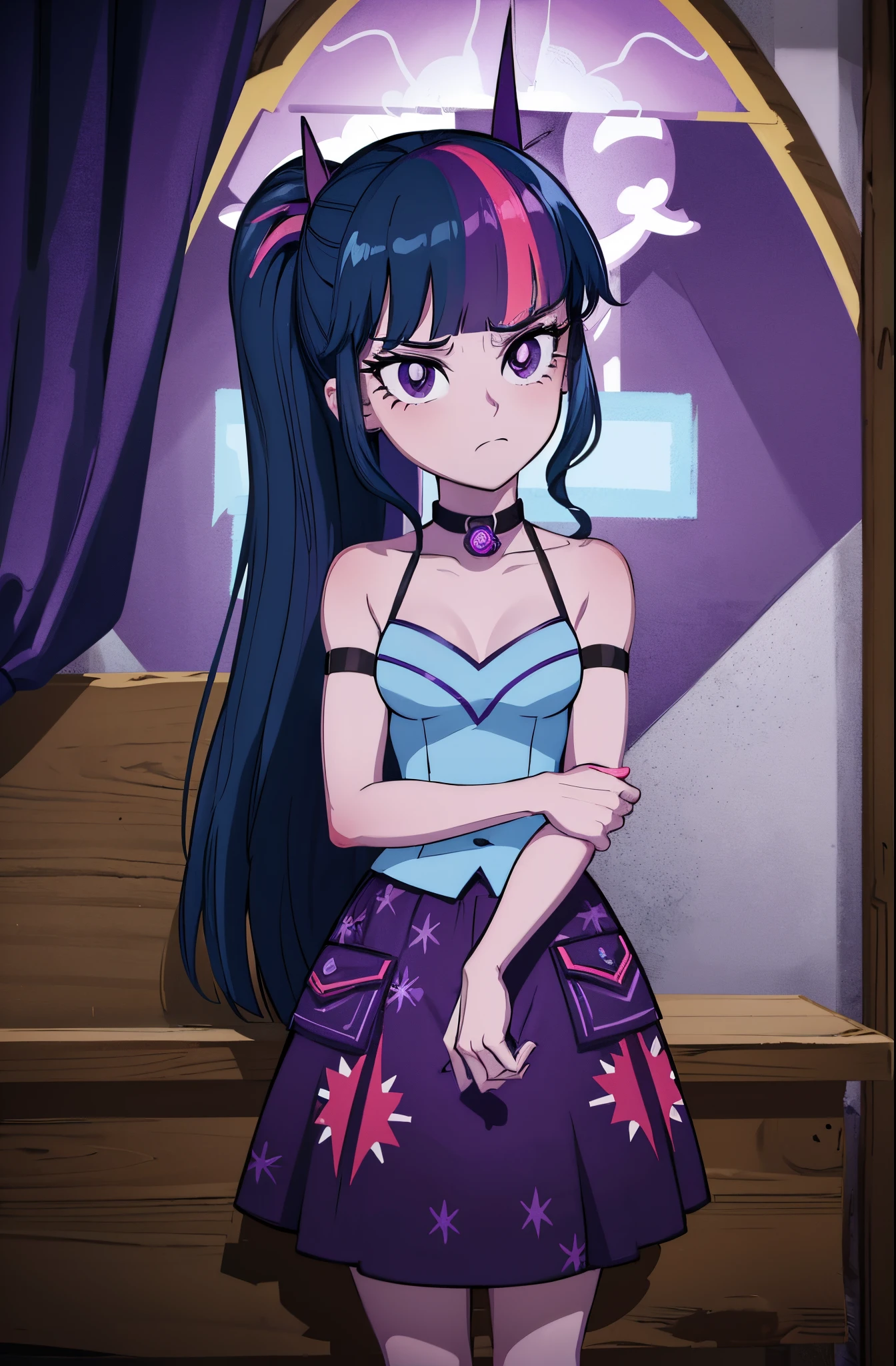 a close up of a cartoon girl with a pony in a room, dark cool twilight, cool twilight, twilight sparkle, but a stern look about her, equestria, fim still, nefarious smirk, dreamcore looking, twilight ray, nighttime!, frowning, slightly smirking, dark night stormcloud, she has tired eyes, anime style”