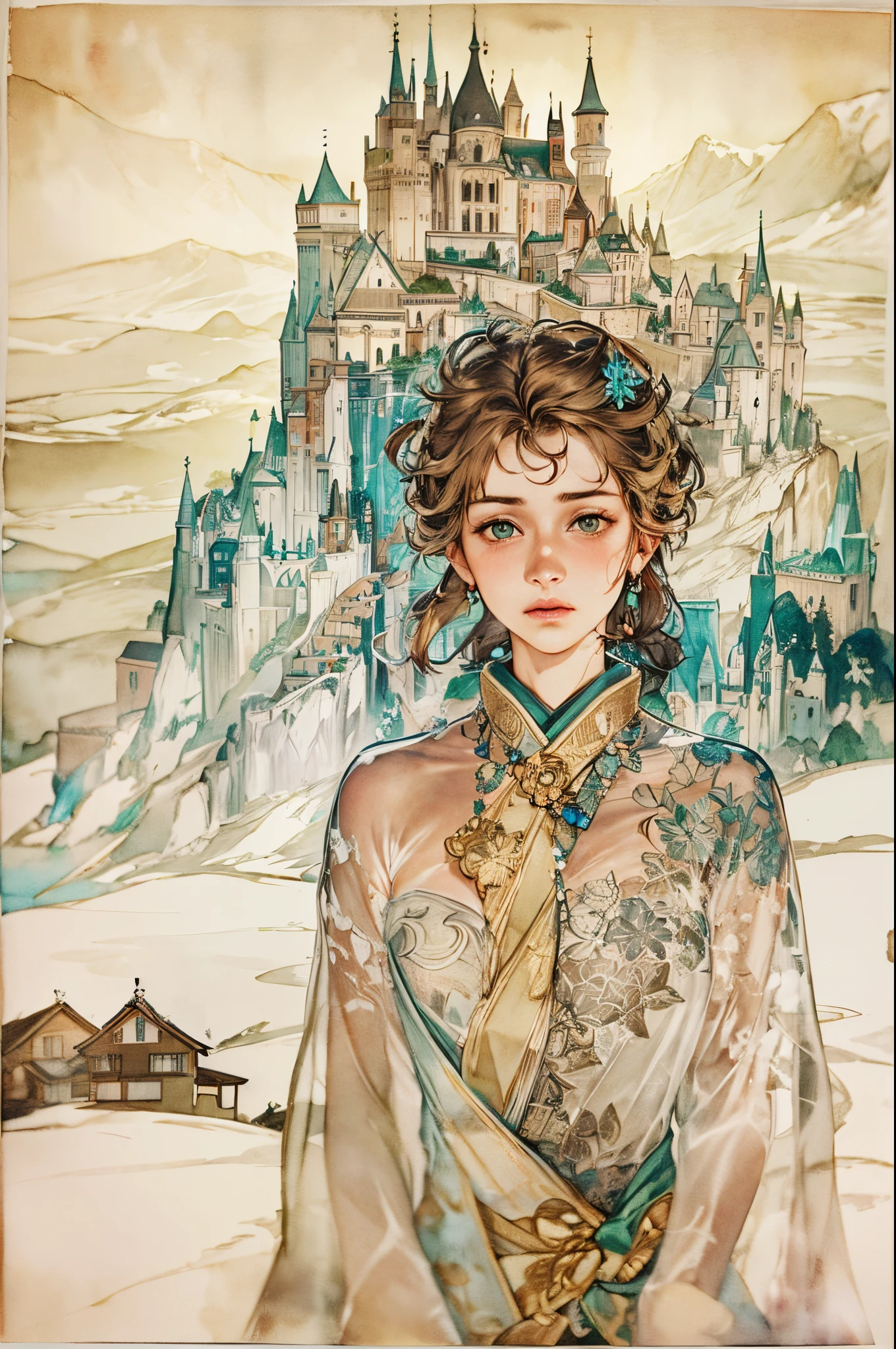 （Egon Schiele）(Frozen's worldview) There is a beautiful princess in a fantastic castle made of ice. She can use ice magic, but she fears that it will harm the villagers, so she magically builds an ice castle deep in the mountains, far from human habitation. The ice castle is a magical world with the radiance of crystal.(Ink on Japanese paper, which tends to bleed easily)(contemporary art like a picture book) (transparent watercolor) (light itself expressed as real) (layers of soft, rich colors) (shades of paint dissolved thinly with water) (deep, delicate colors)