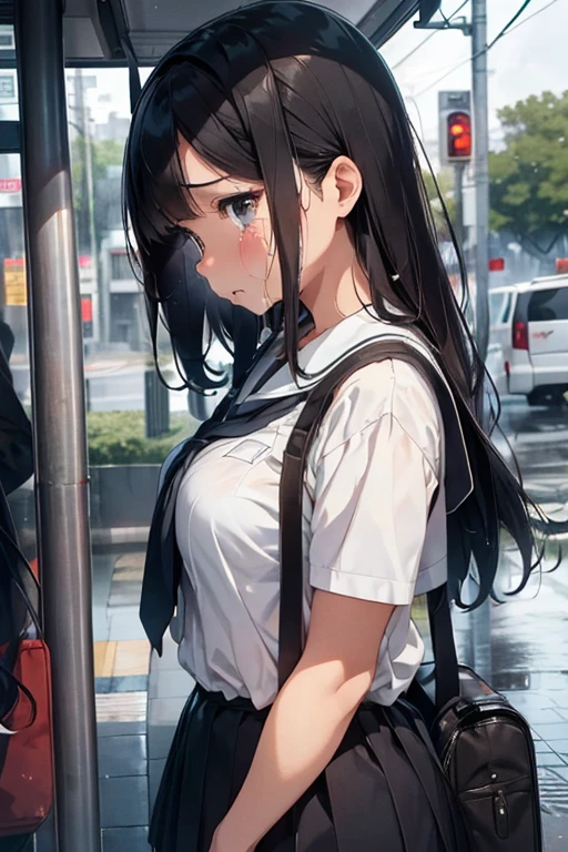 1girl, (school girl), super beautiful, cute, innocent , medium large breast, looking down, looks sad, (being saddened by the loss of a loved one), (missing), (front view:1.5), perfect body, (incoming to cry:1.6) , half opened mouth,(extra long hair , beautiful black hair, straight), ( Wearing a traditional school uniform, taking an umbrella ), (focus on her eyes), at a bus stop on a rainy day