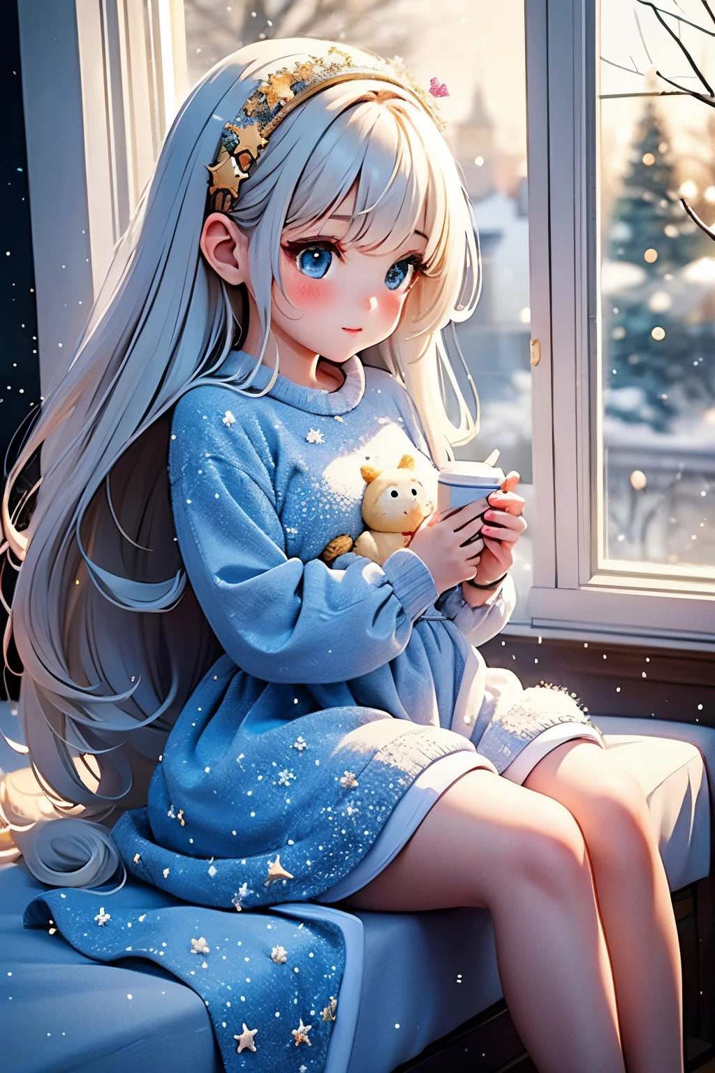 an indoor house is adorned with festive "Christmas" decorations, as gentle "snow" falls outside. A "cute young adult woman" in cozy "wool" winter underwear climbs to decorate her Christmas tree, framed by the inviting glow of the "window," capturing the heartwarming anime girl in a blue dress with a white top and blue skirt, blonde girl in a cosmic dress, in dress, magical dress, anime girl with cosmic hair, cosmic girl, wearing a dress made of stars, beautiful anime art style, cute art style, official fanart, celestial goddess, girl in a dress, digital art on pixiv, girl in space