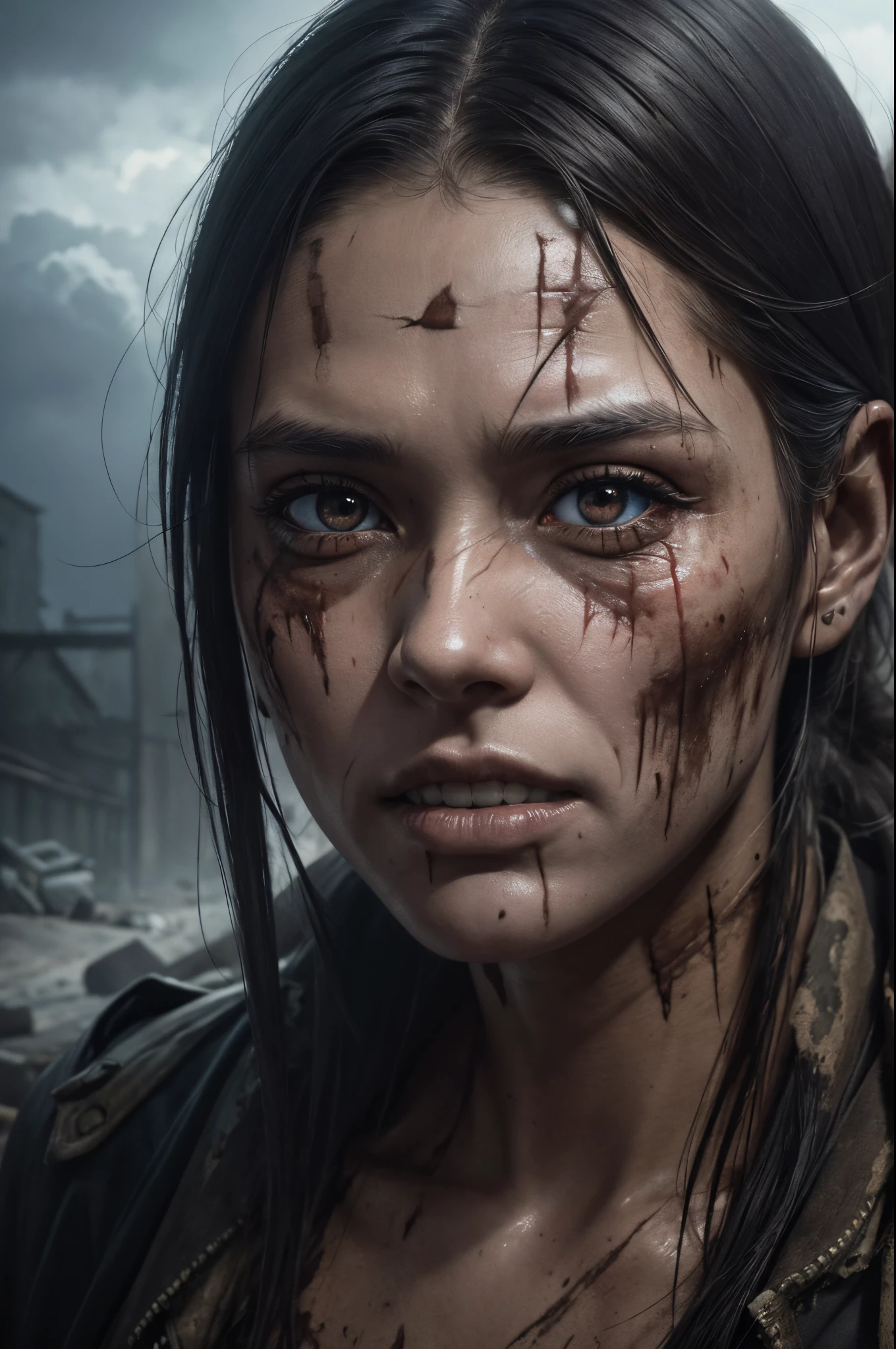 8K、zombie、tatteredclothing、rotten skin on the face、A face full of scars,Dirty muddy hair、Highly detailed dry rotten peeling dead skin、Malnourished women、Blind、wide angles、detailed environment、细致背景、A highly detailed、with an intricate、Detailed skin、Natural colors、professional colorgraded、Photorealism、8K、Moody lighting、Art by George Fau、超A high resolution、A hyper-realistic、White, cloudy eyes,falling eyeballs,Part of the face becomes skeletal,Bare your teeth and attack someone,The skin on the face peels off,
