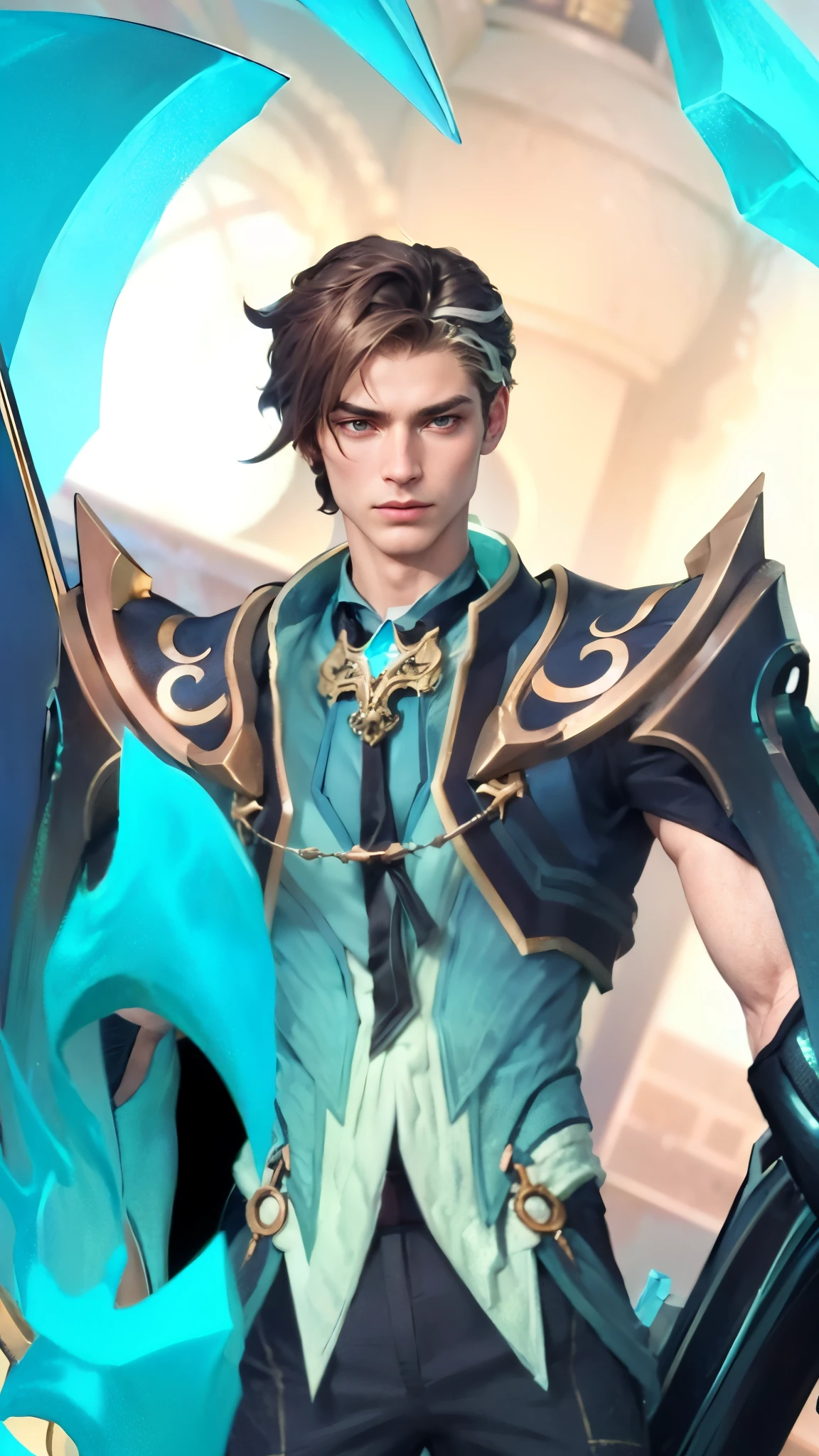 (Intricate Details, Masterpiece, Best Quality, High Resolution, 8k), (1man), (male:1.2), mature, dandy face, finely detailed eyes and face, toned body, masculine appeal, commanding presence, hot stud, bulging biceps and triceps, well-developed quadriceps and hamstrings, light skin, burgundy straight layered bangs hair, aquamarine eyes,  ornate details,  portrait, solo, half shot, looking down, detailed background, detailed face, (cogpunkai, cogpunk theme:1.1),  tech-mage,   [magic|technology], melding of spellcraft and advanced technology,  intricate [spellcasting clothes|mechanical gear], gear shaped glyphs,  ancient crystals,  [gears|ancient spell],  floating particles,  [innovative|enchanting] aura, high tech vehicle in background,   , finely detailed background, Depth of Field, VFX, young man and handsome