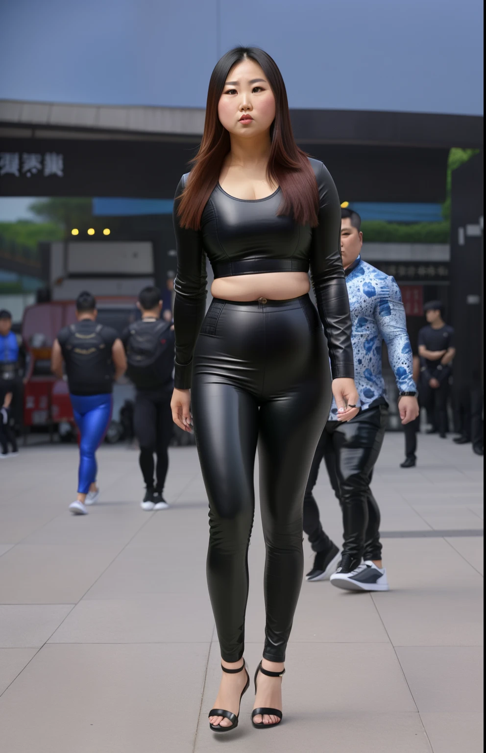 Wear tight leather pants，wearing bodysuit，Asia face，Fair skin，Arrogant look，mocking contempt expression，a little bit chubby，Muscular，Bigchest，There is fat on the belly