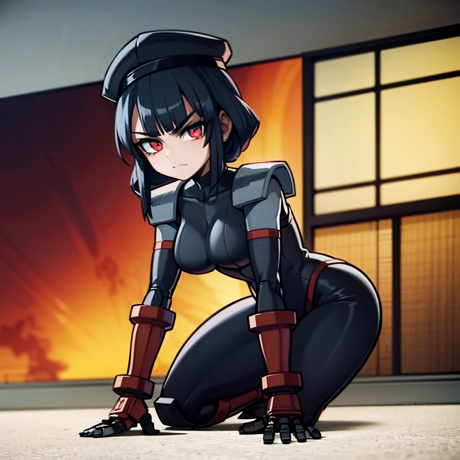 Young woman, dark blue hair, red eyes, goth girl, wearing black beret, mecha girl, robot girl, , robotic woman, metal in body, black iron, on a cyberpunk city, 4k, masterpiece, HD, anime 2D, good anathomy