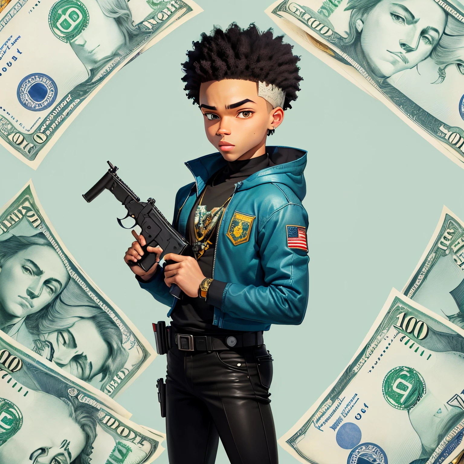 Lightskin cartoon character with 2 money guns standing on 100 dollar bills