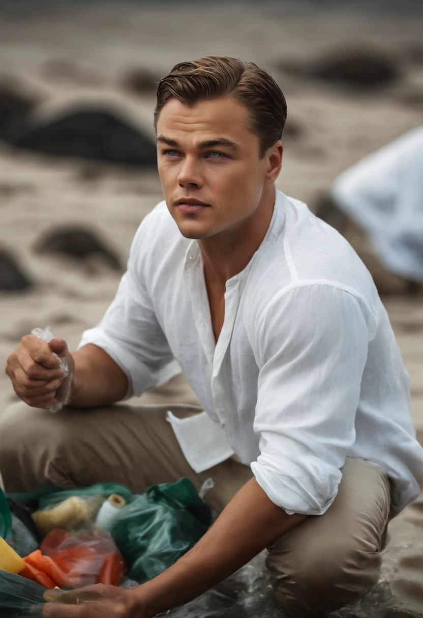 The image is of Di Caprio participating in a clean-up event at a local beach, picking up trash and plastic waste to help protect the ocean and marine life.,original,Very handsome young Leonardo Di Caprio