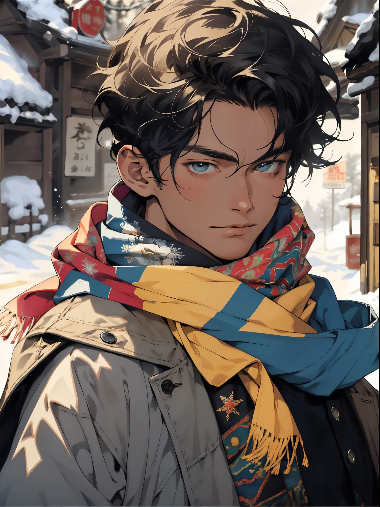 Realistic, (masterpiece, top quality, best quality, official art), very detailed, colorful, most detailed, god, short hair, black hair, handsome man, snowflake, scarf, snowfield, Tibetan accessories
