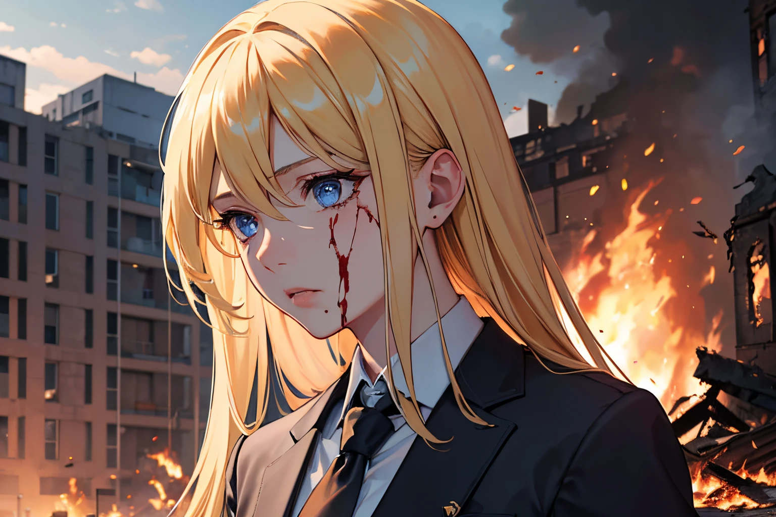 masterpiece, best quality, 1girl, blonde hair, blue eyes, suit and tie, covered in blood, destroyed building, burning building, fire, sad, detailed eyes, detailed facial features, realistic and high resolution (best quality, 4k, 8k, highres, masterpiece:1.2)