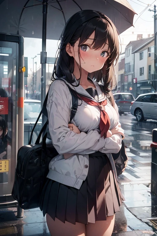 1girl, (school girl), super beautiful, cute, innocent , medium large breast, looking down, looks sad, (being saddened by the loss of a loved one), (missing), perfect body, (gently wheeps) , half opened mouth, closed eyes, beautiful tears, (extra long hair , beautiful black hair, straight), ( Wearing a traditional school uniform, taking an umbrella ), (focus on her eyes), at a bus stop on a rainy day