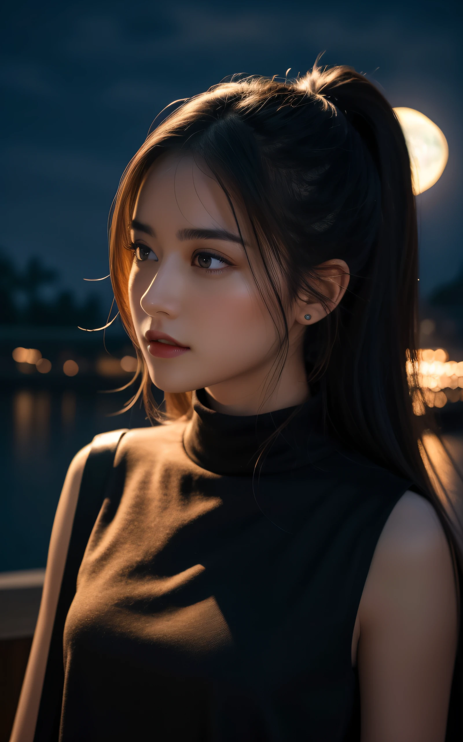 A woman with long hair standing in front of a body of water - SeaArt AI