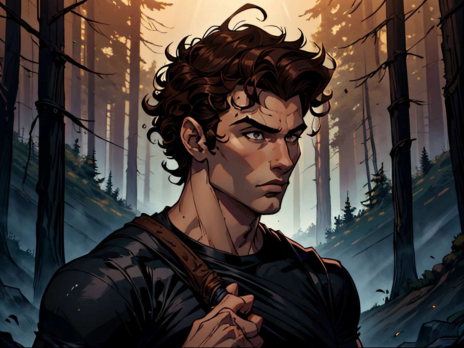 best quality, masterpiece, highres, 1boy, solo, arafed young muscular man with a black shirt, curls on top of his head, short hair on top of his head, around 18 years old, brown hair, curly middle part haircut, headshot profile picture, in the woods, axe in hand, night time, dynamic lighting